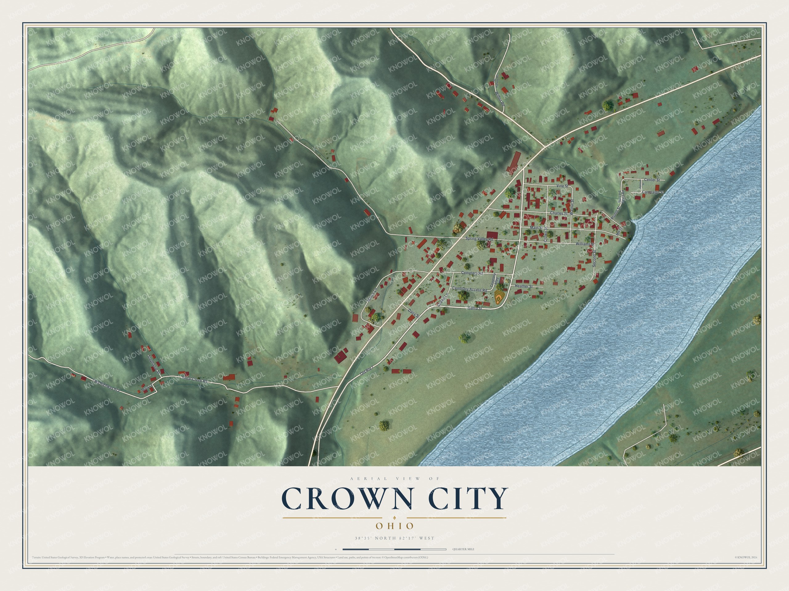 Full map of Crown City, Ohio, with red buildings, printed street names and the land around them