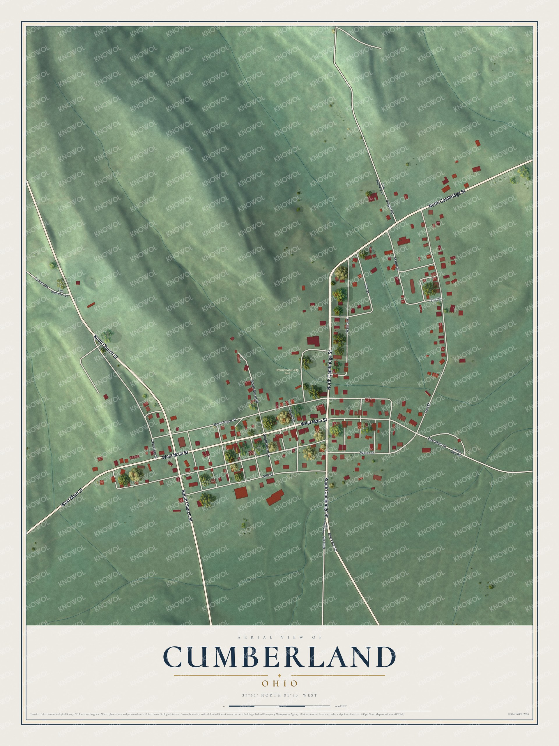 Full map of Cumberland, Ohio, with red buildings, printed street names and the land around them