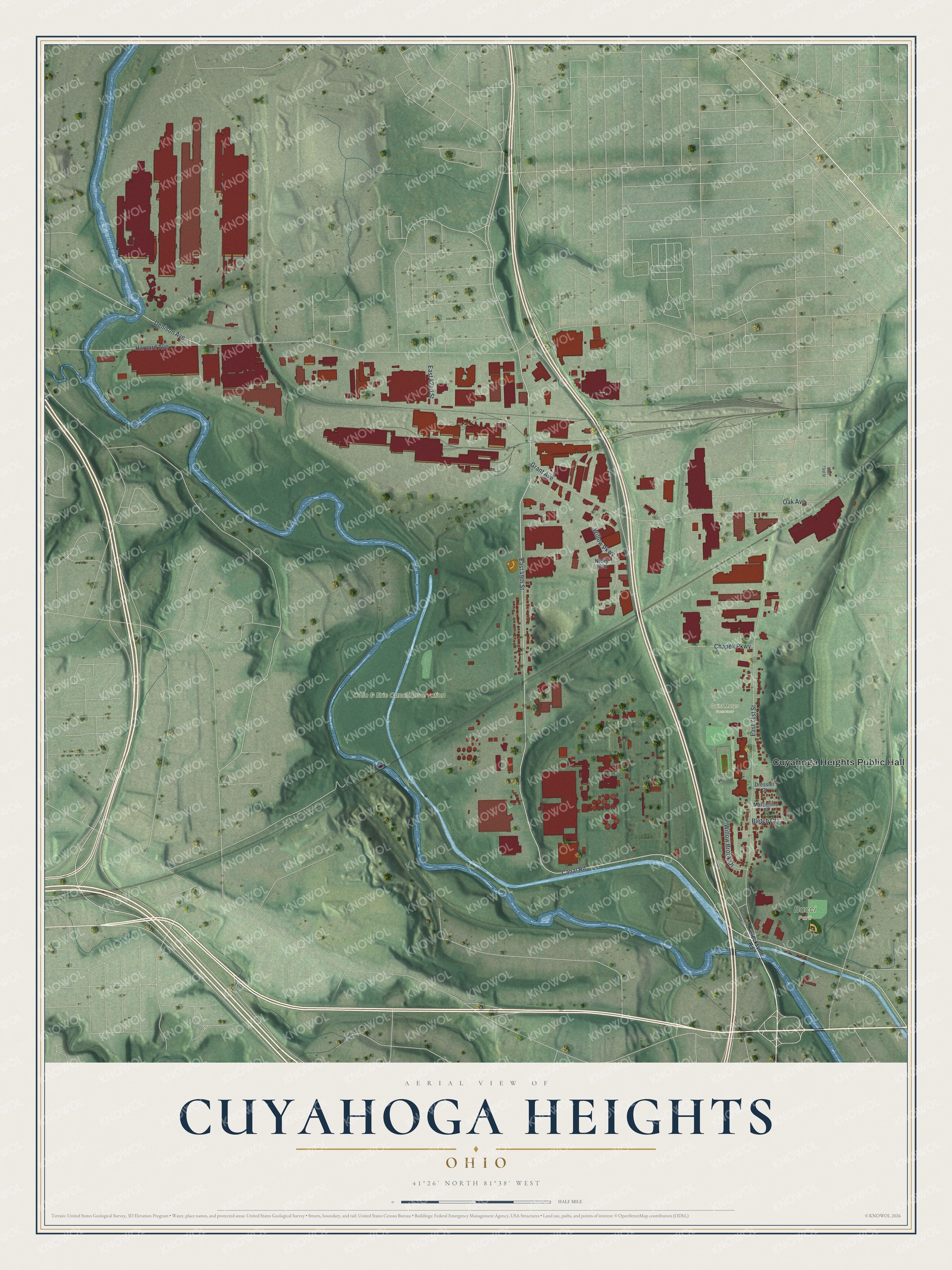 Full map of Cuyahoga Heights, Ohio, with red buildings, printed street names and the land around them