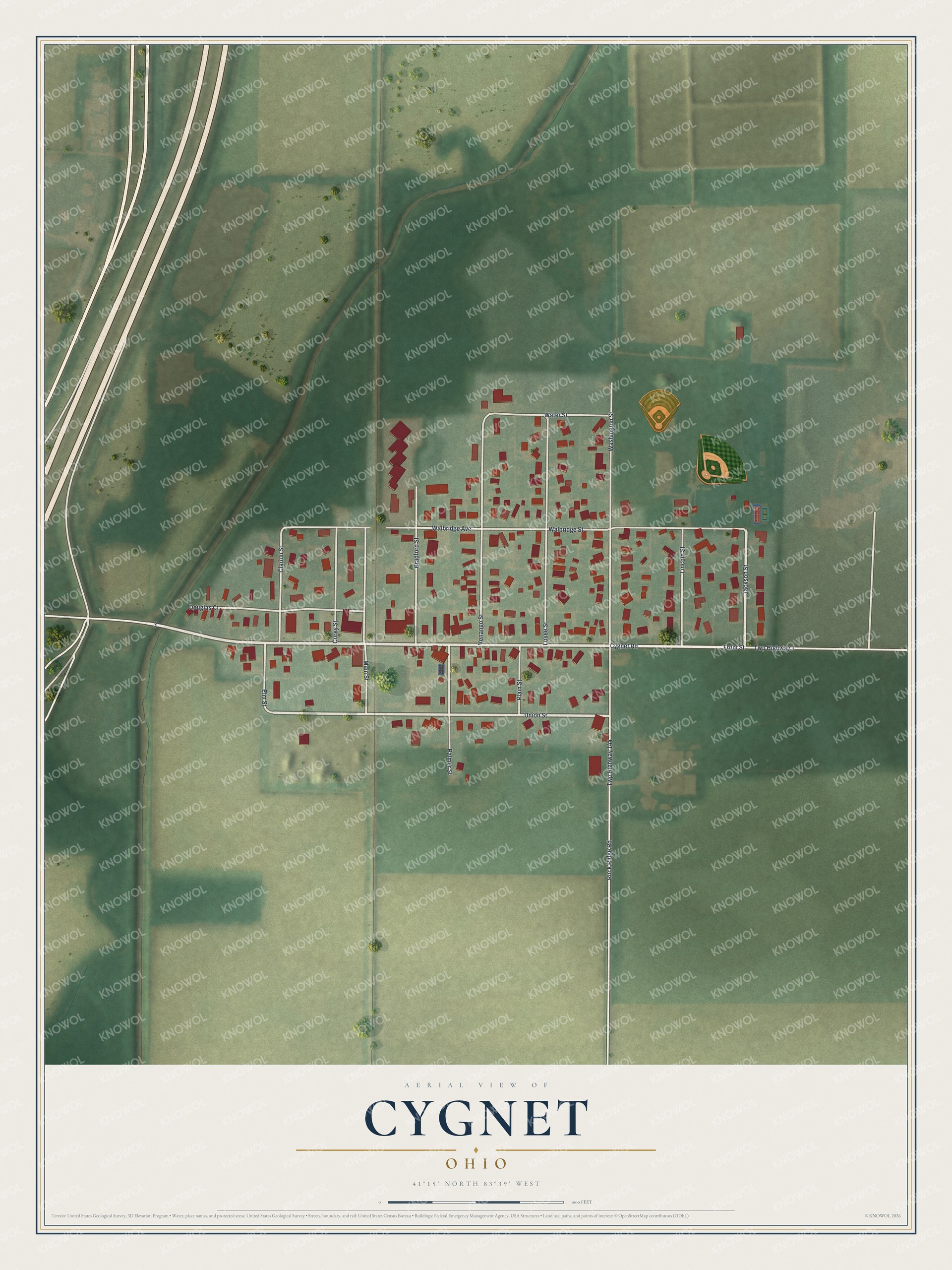 Full map of Cygnet, Ohio, with red buildings, printed street names and the land around them