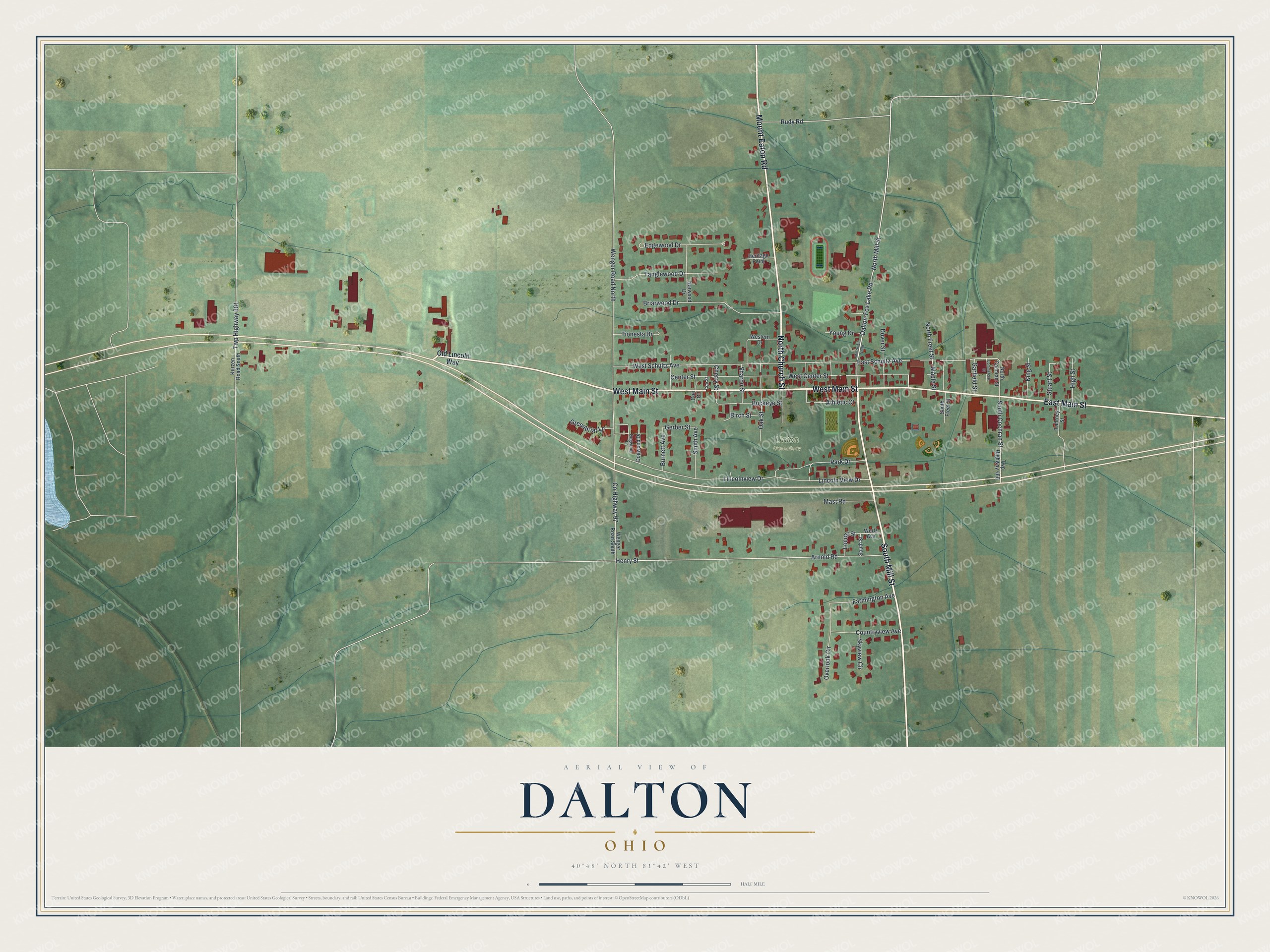 Full map of Dalton, Ohio, with red buildings, printed street names and the land around them