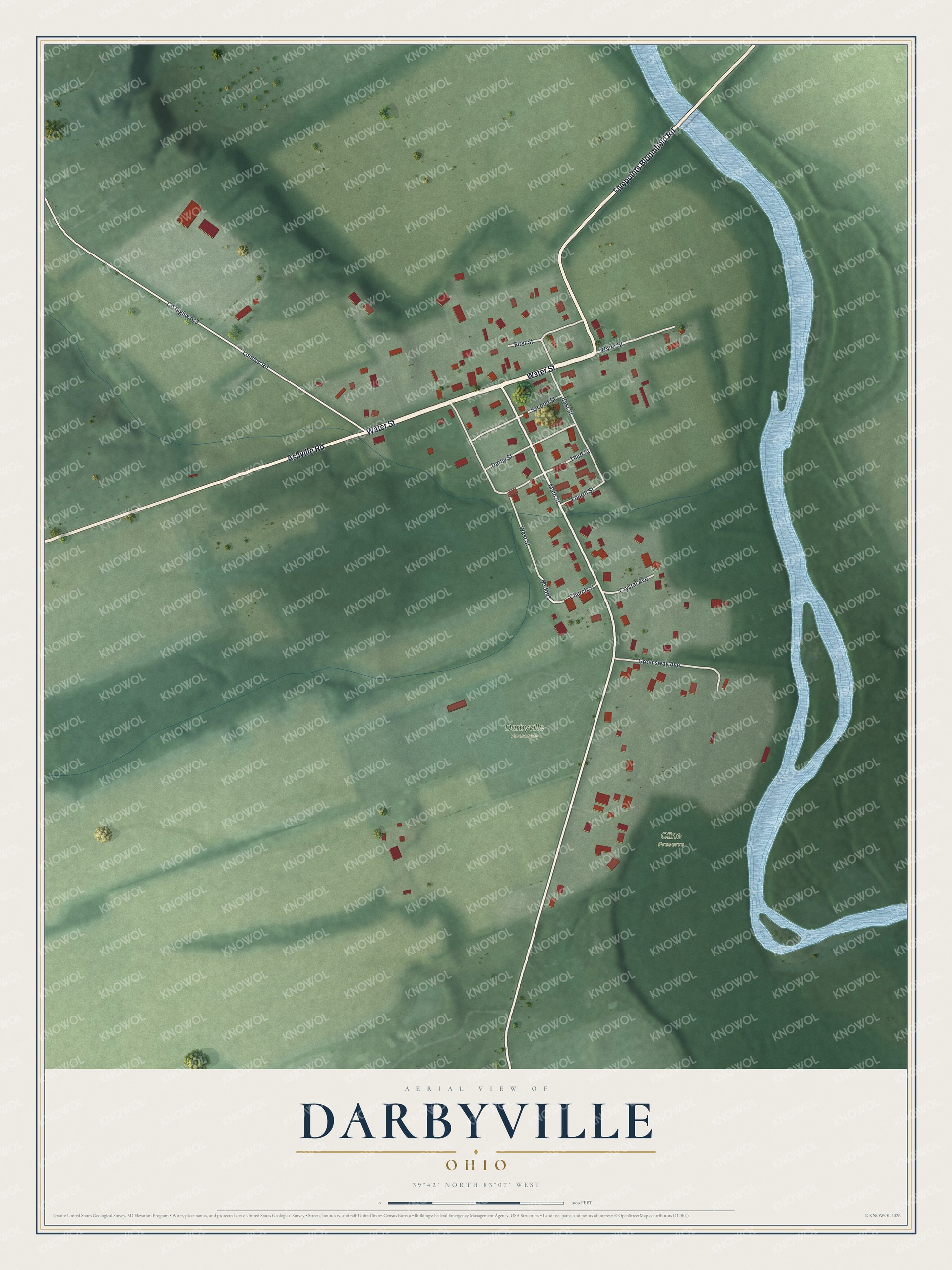 Full map of Darbyville, Ohio, with red buildings, printed street names and the land around them