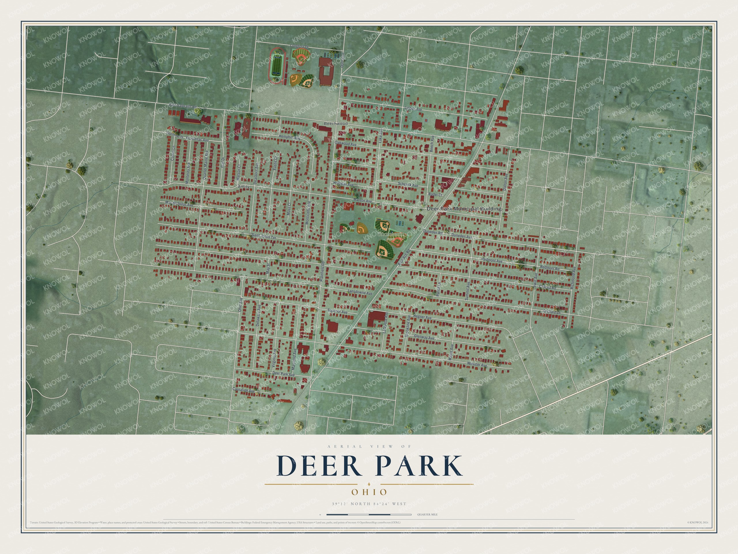 Full map of Deer Park, Ohio, with red buildings, printed street names and the land around them