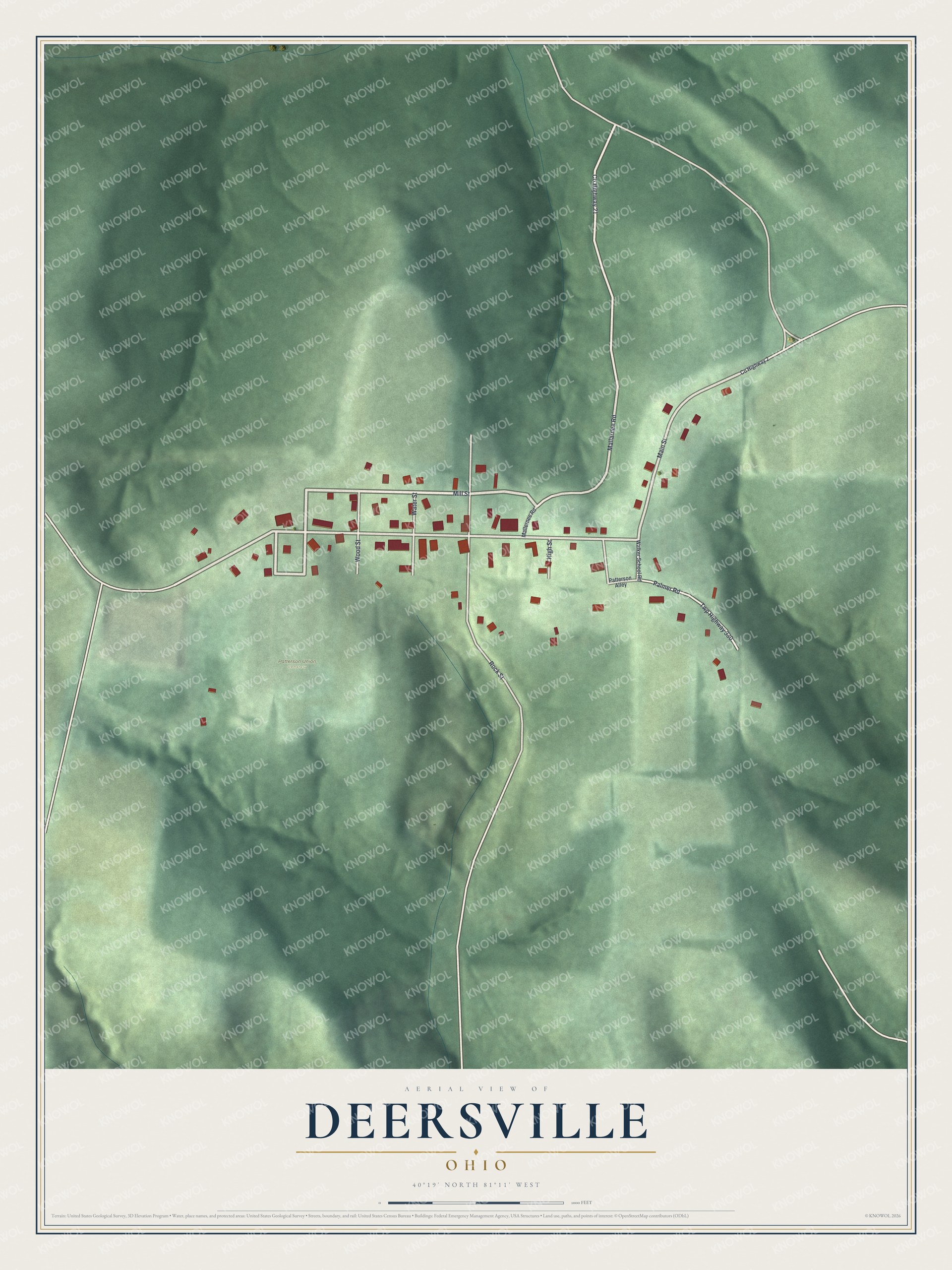Full map of Deersville, Ohio, with red buildings, printed street names and the land around them