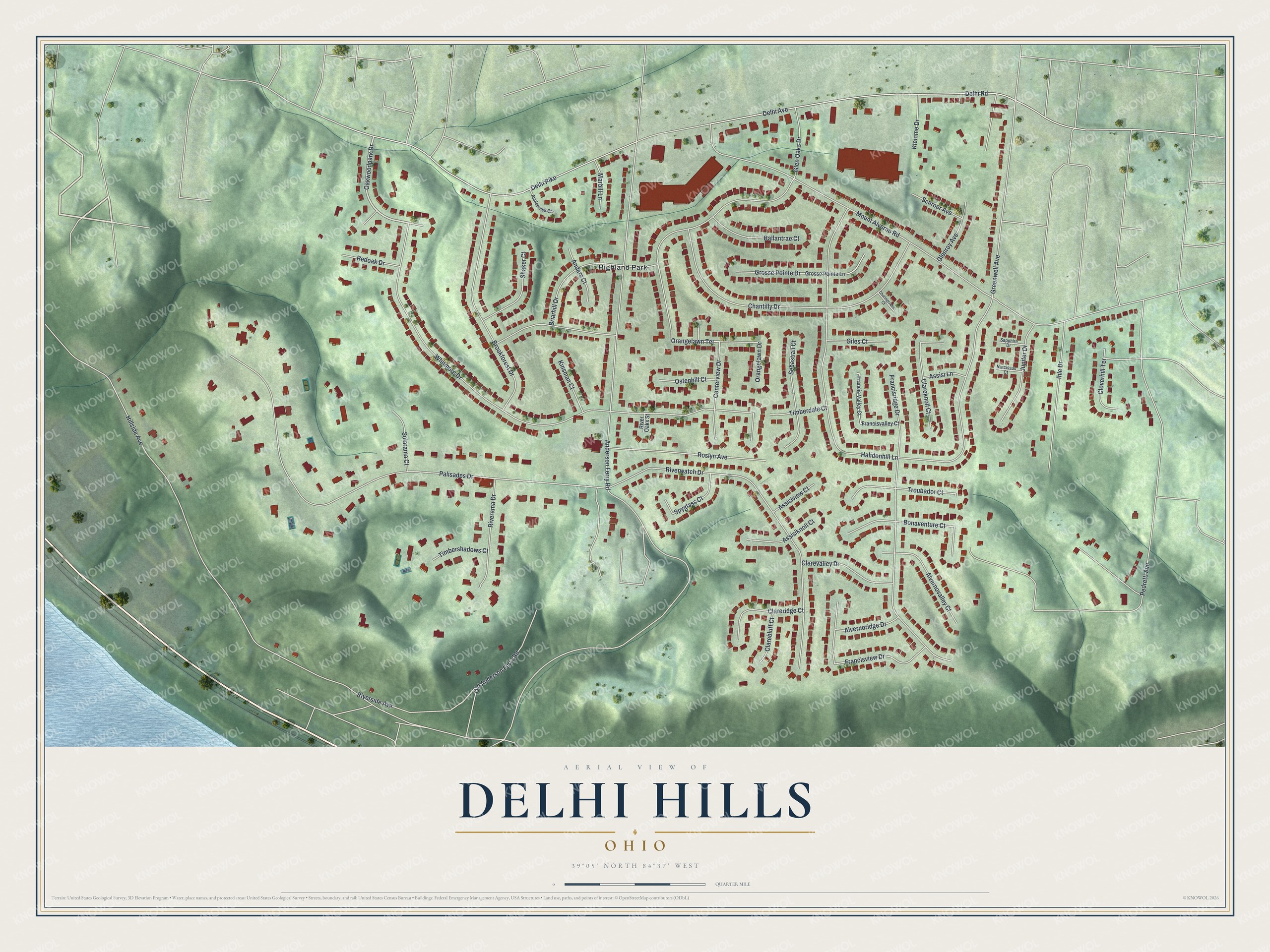 Full map of Delhi Hills, Ohio, with red buildings, printed street names and the land around them
