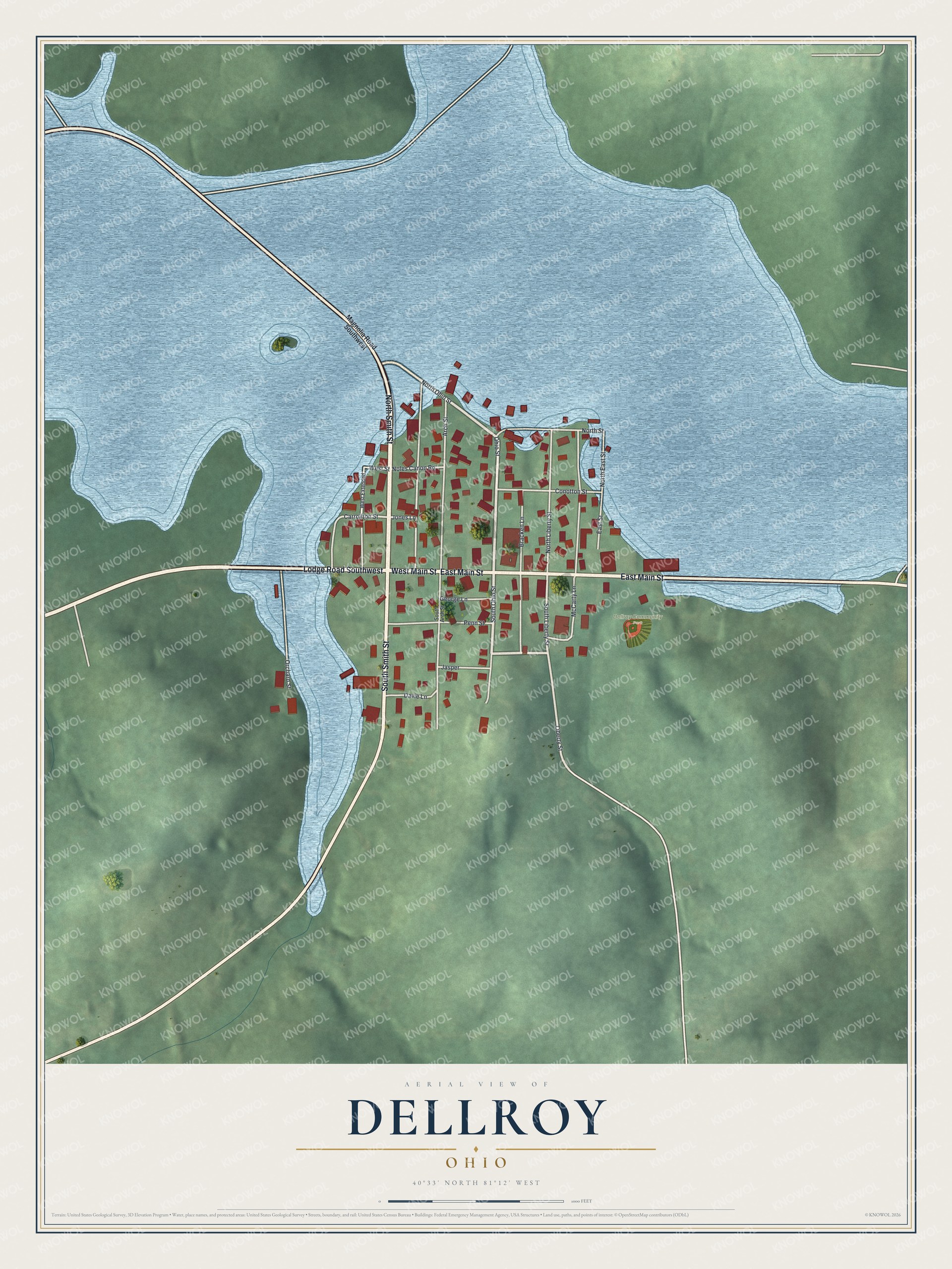 Full map of Dellroy, Ohio, with red buildings, printed street names and the land around them