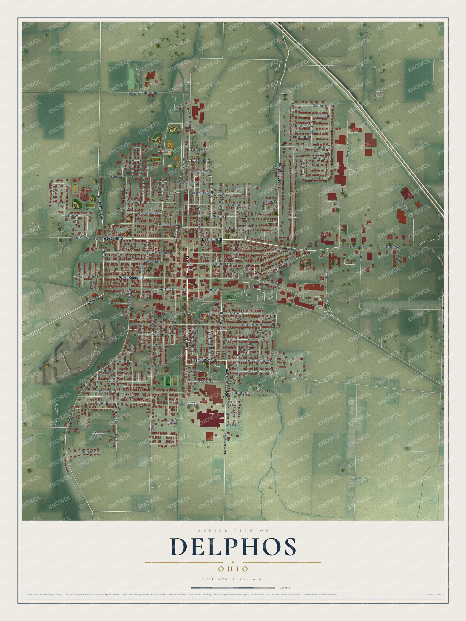 Full Delphos, Ohio map preview with red buildings, a pale street grid, green fields, and a cream title panel