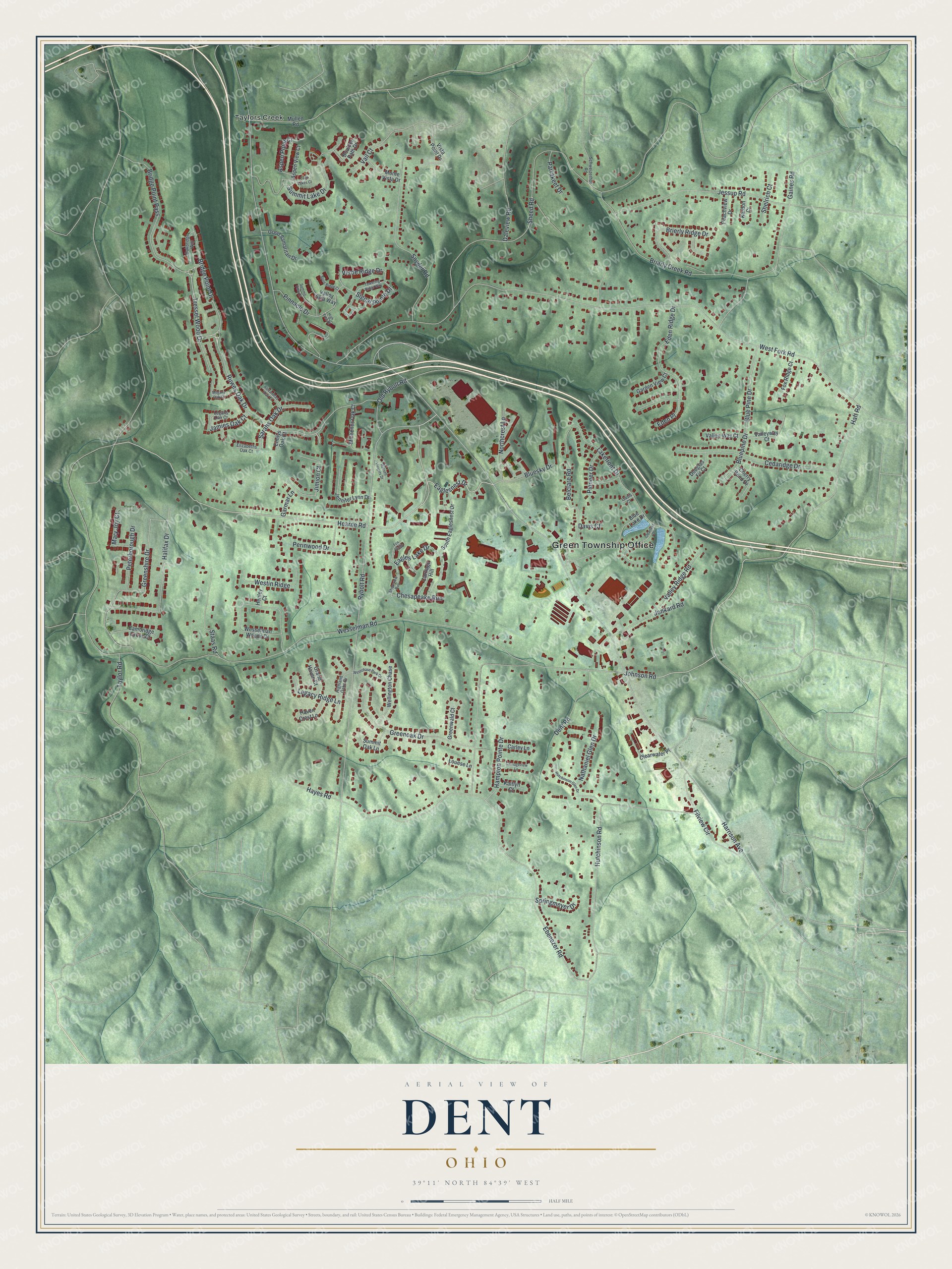 Full map of Dent, Ohio, with red buildings, printed street names and the land around them
