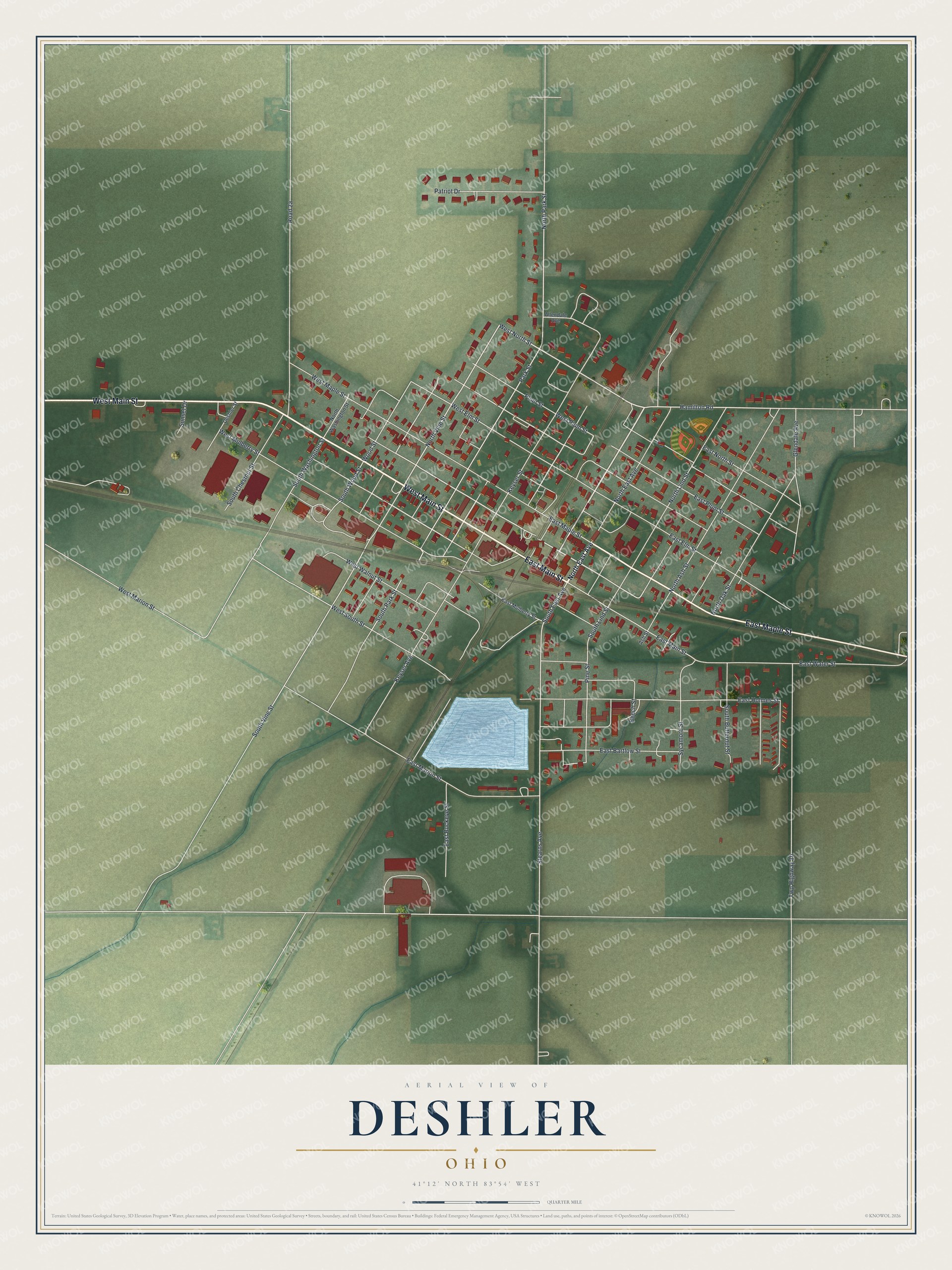 Full map of Deshler, Ohio, with red buildings, printed street names and the land around them
