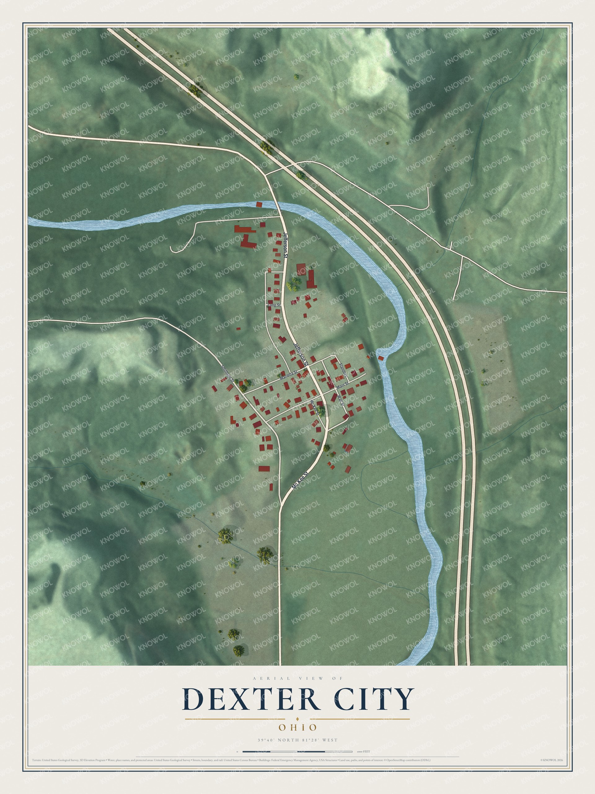 Full map of Dexter City, Ohio, with red buildings, printed street names and the land around them