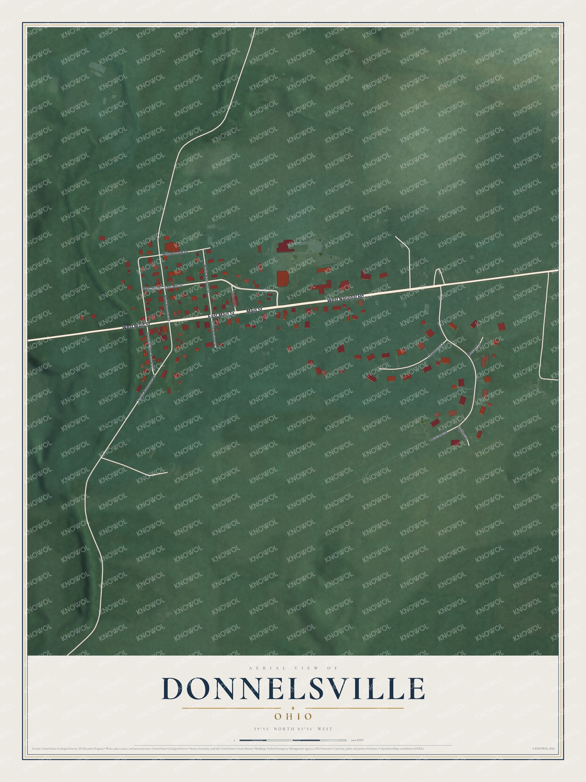 Full map of Donnelsville, Ohio, with red buildings, printed street names and the land around them