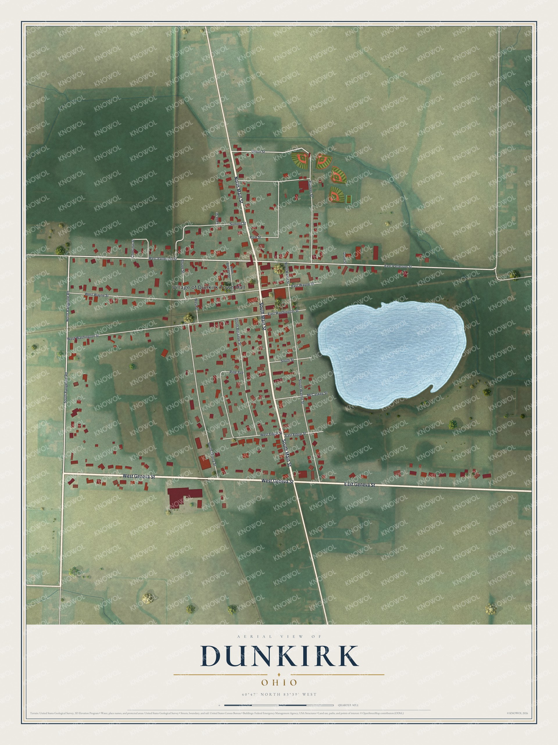 Full map of Dunkirk, Ohio, with red buildings, printed street names and the land around them