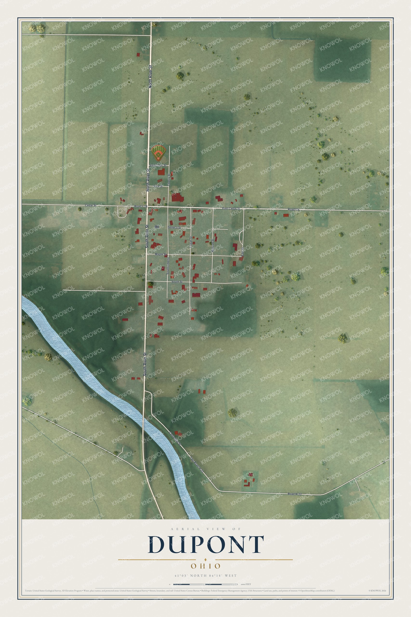 Full map of Dupont, Ohio, with red buildings, printed street names and the land around them