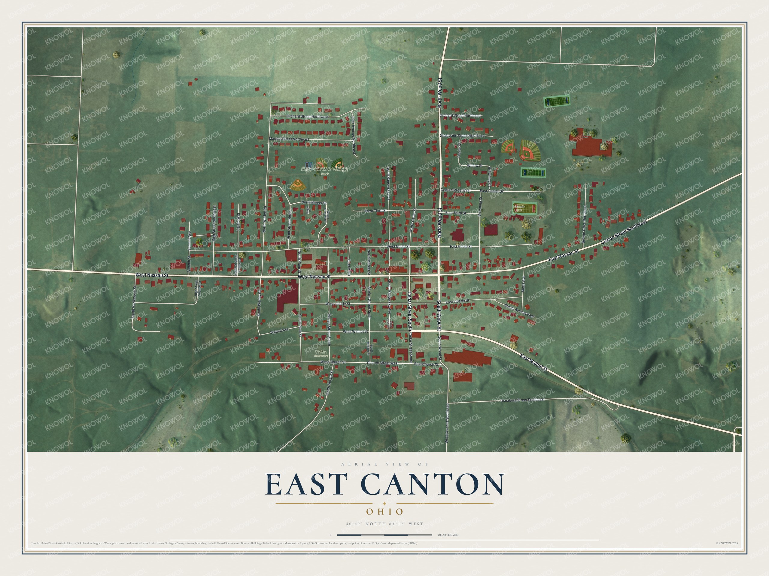 Full map of East Canton, Ohio, with red buildings, printed street names and the land around them