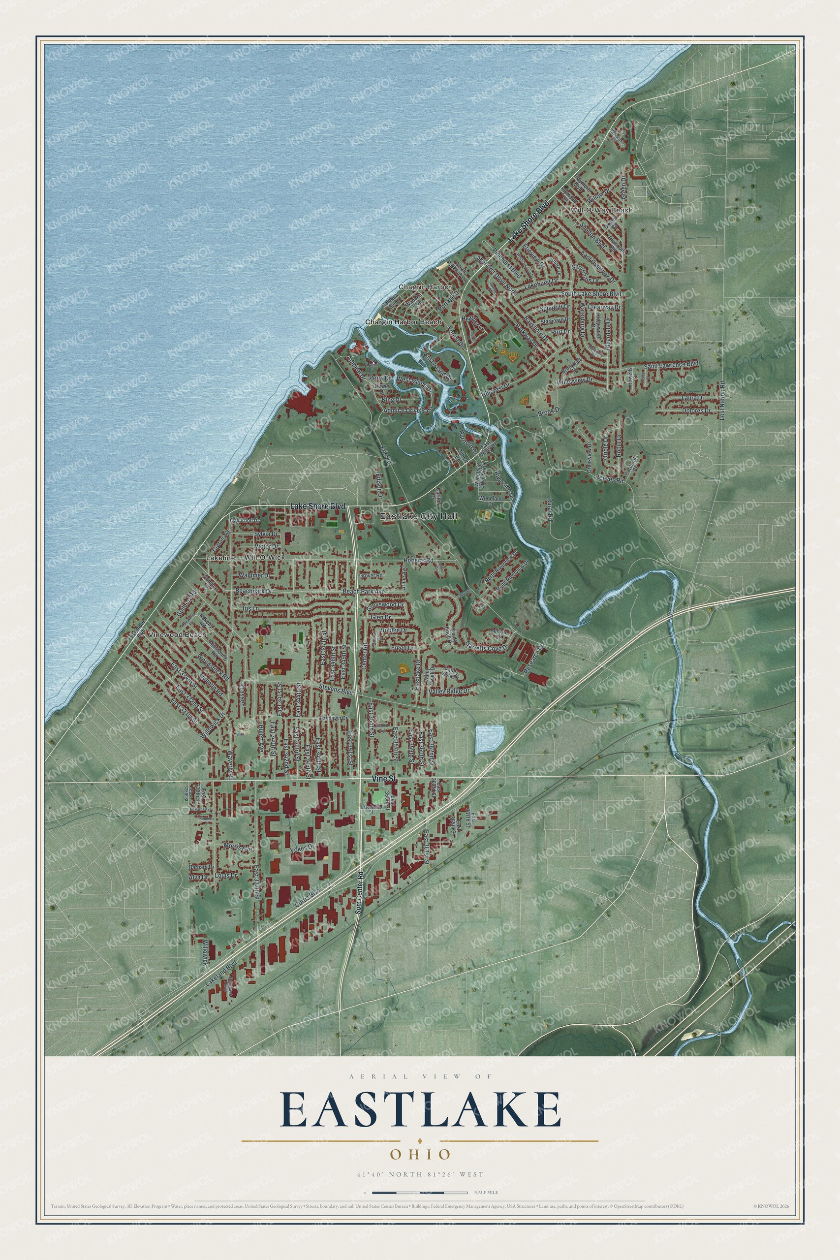 Full map of Eastlake, Ohio, with red buildings, printed street names and the land around them