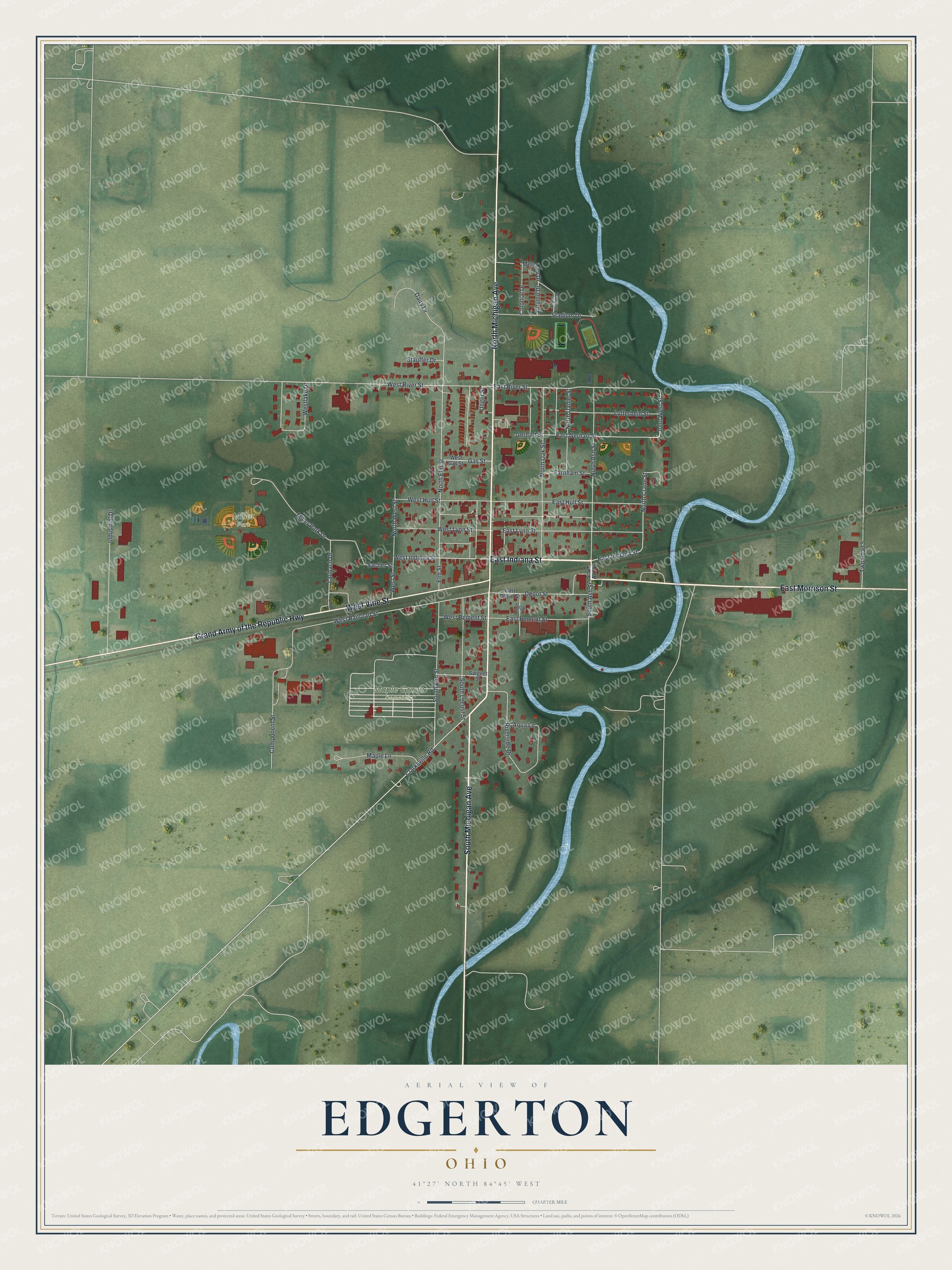 Aerial map of Edgerton, Ohio with red buildings, Michigan Avenue and a winding blue river among green farm fields