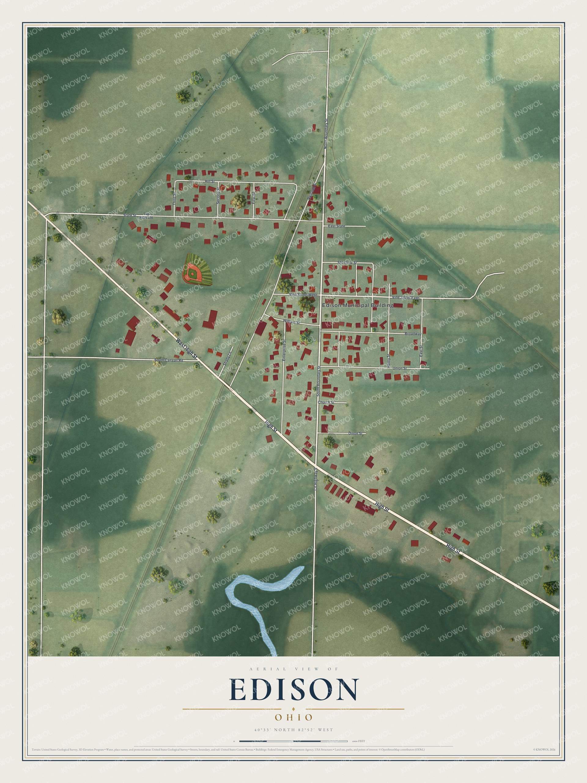 Full map of Edison, Ohio, with red buildings, printed street names and the land around them