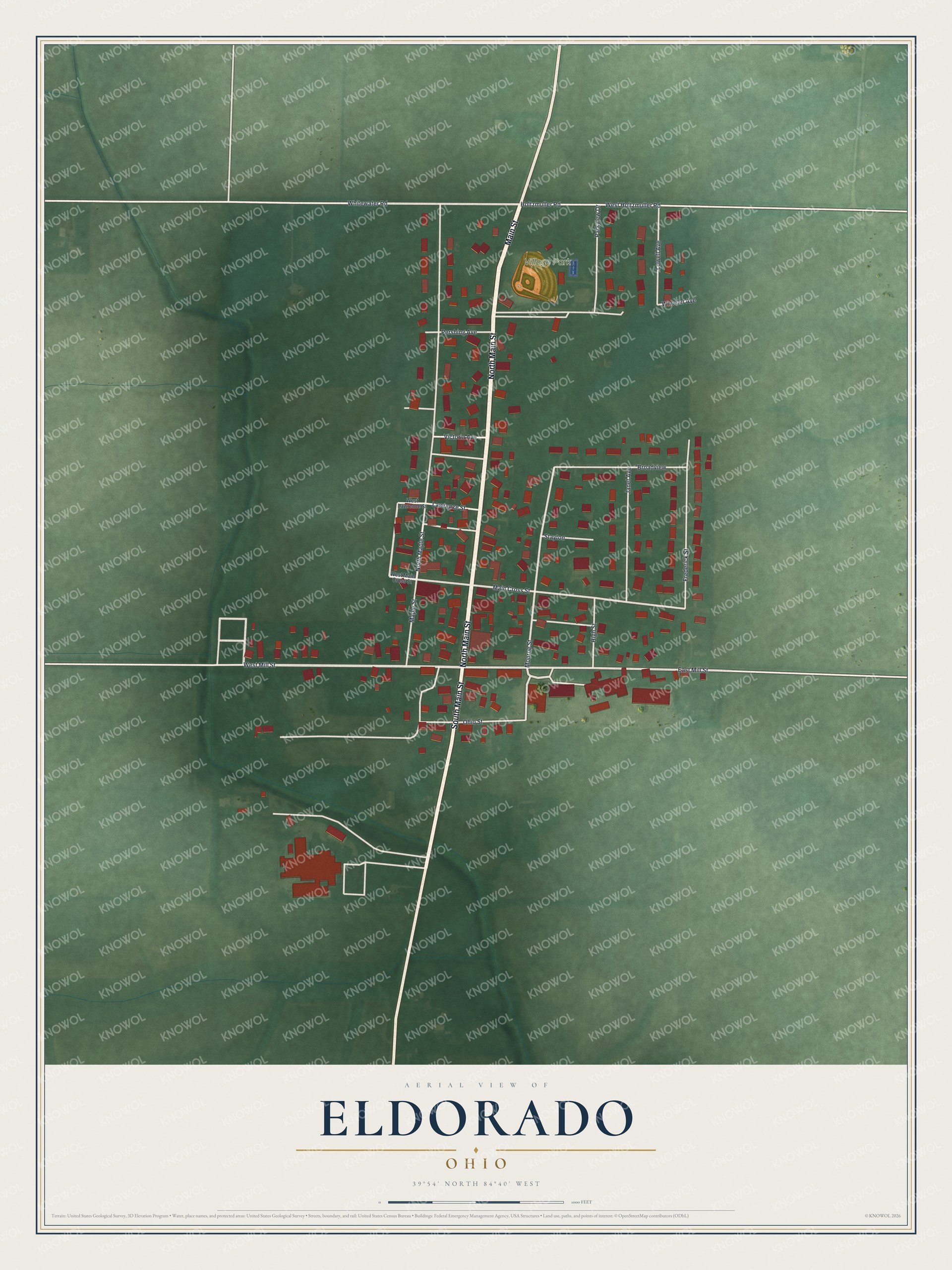 Full map of Eldorado, Ohio, with red buildings, printed street names and the land around them