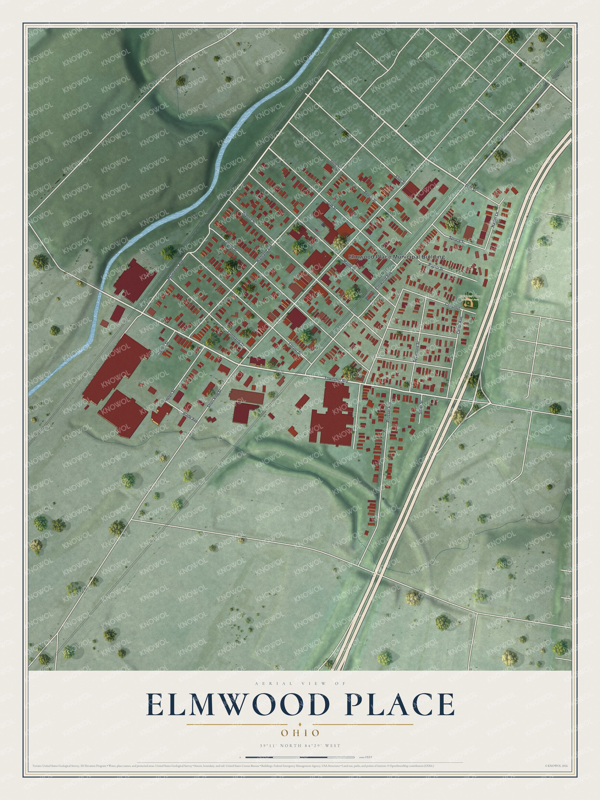Full map of Elmwood Place, Ohio, with red buildings, printed street names and the land around them