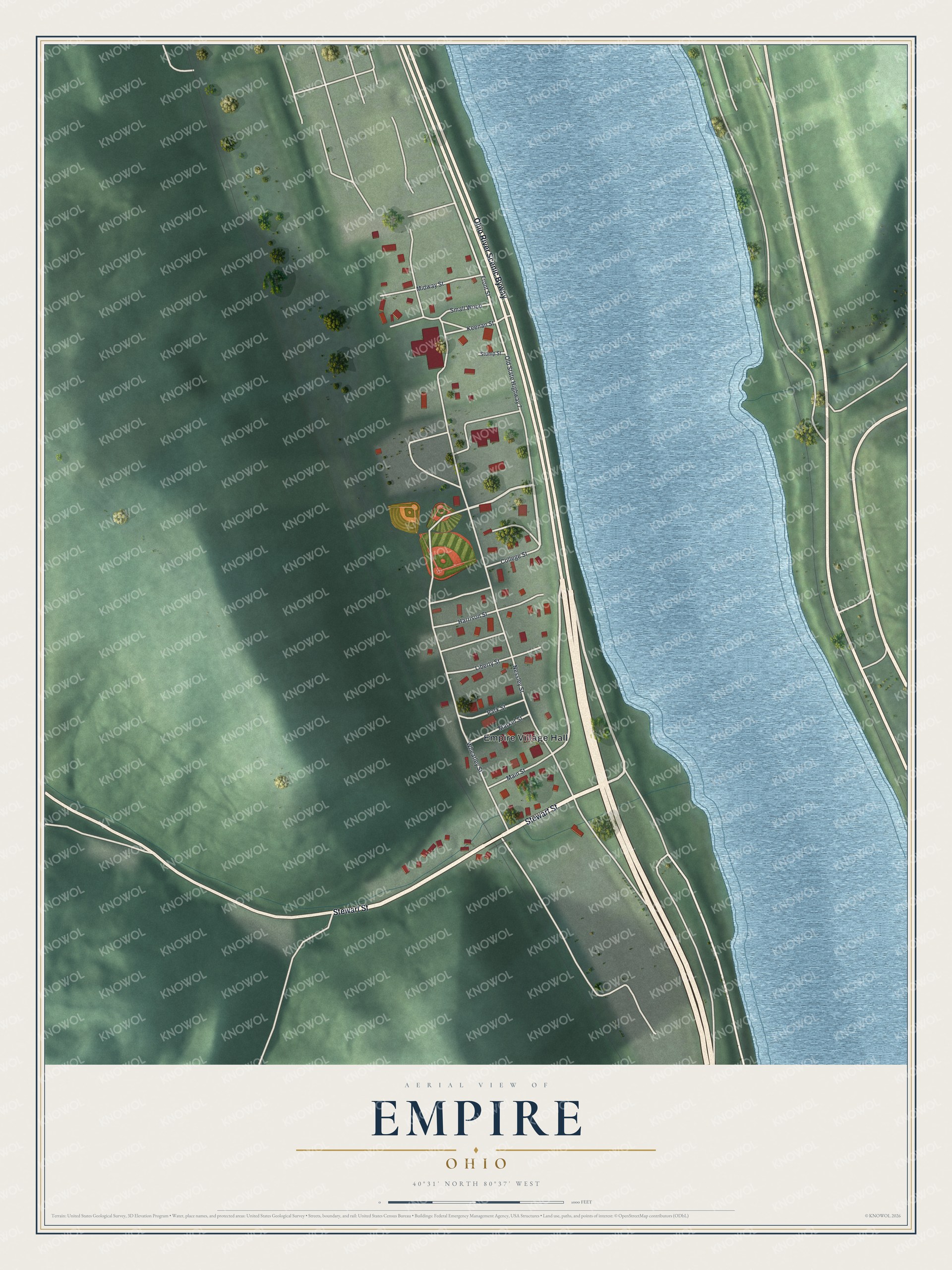 Full map of Empire, Ohio, with red buildings, printed street names and the land around them