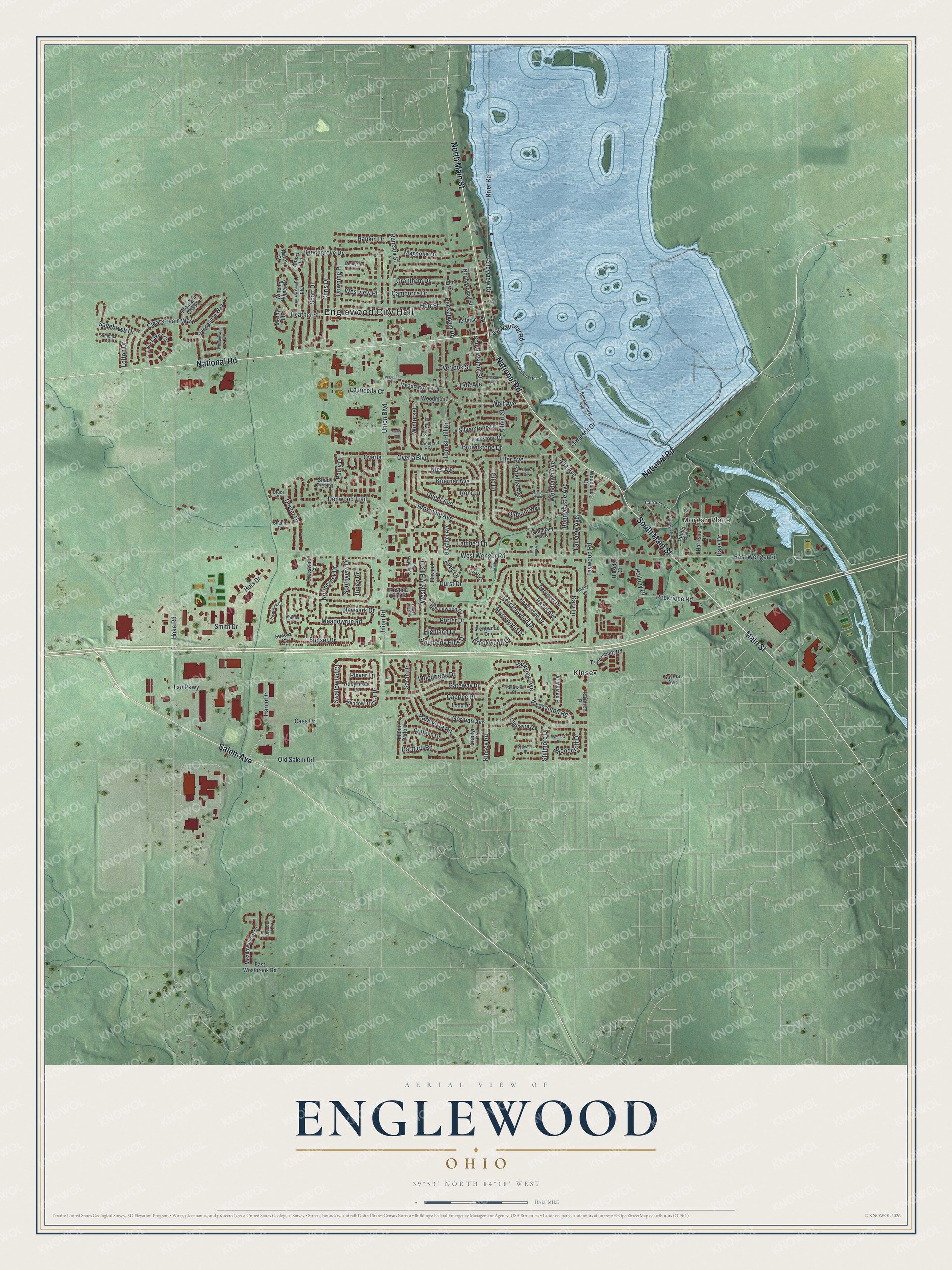 Full map of Englewood, Ohio, with red buildings, printed street names and the land around them