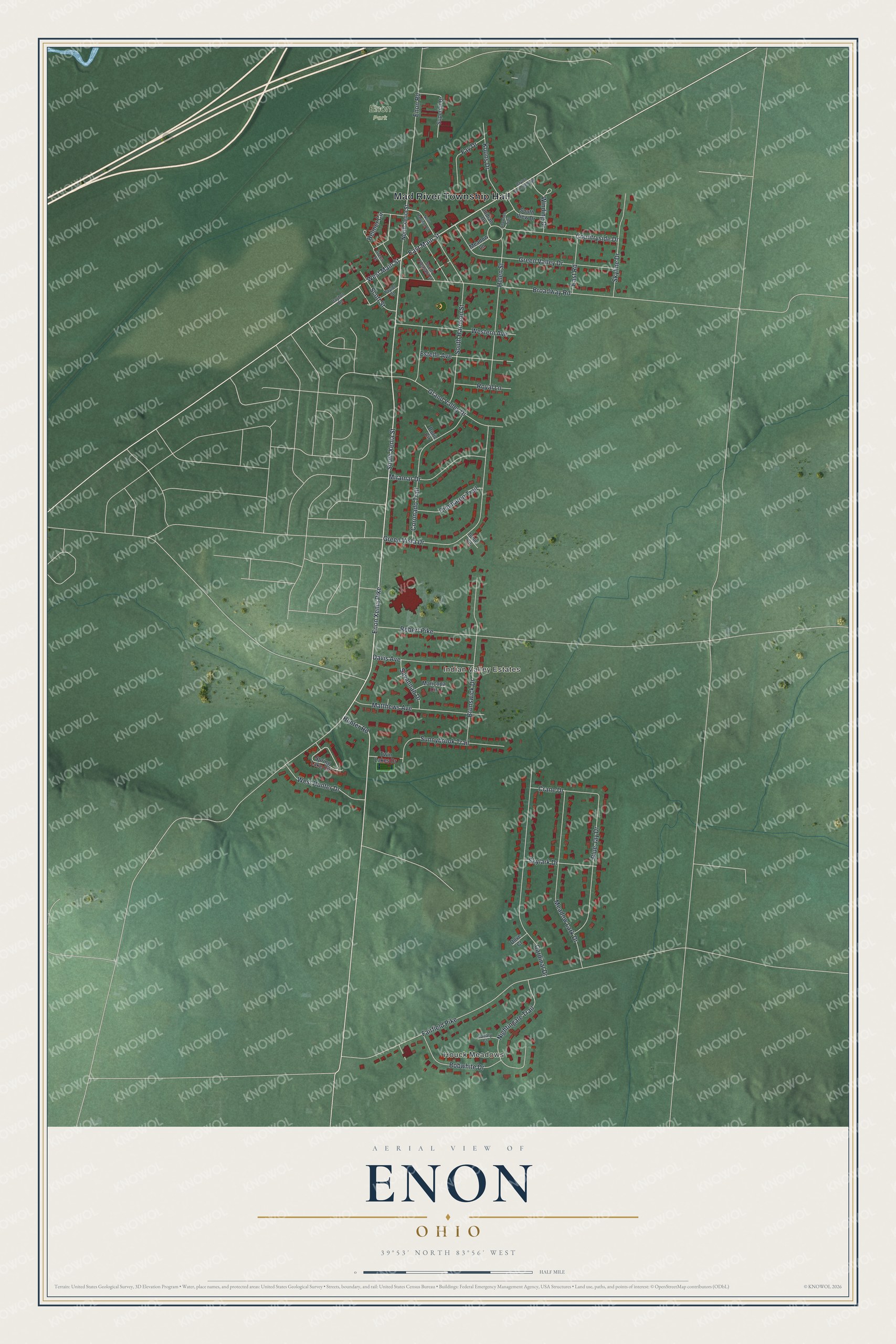 Full map of Enon, Ohio, with red buildings, printed street names and the land around them