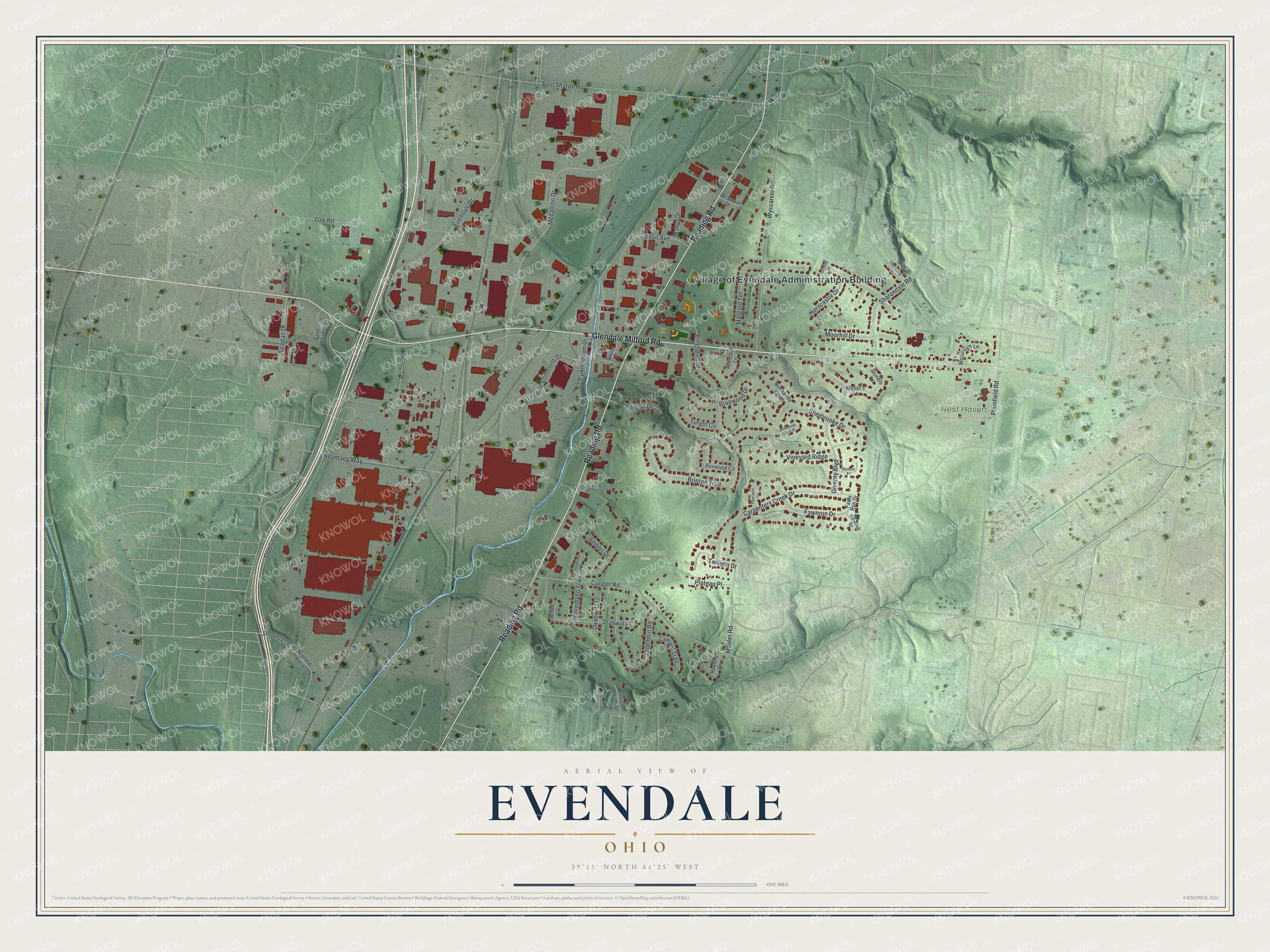 Full map of Evendale, Ohio, with red buildings, printed street names and the land around them