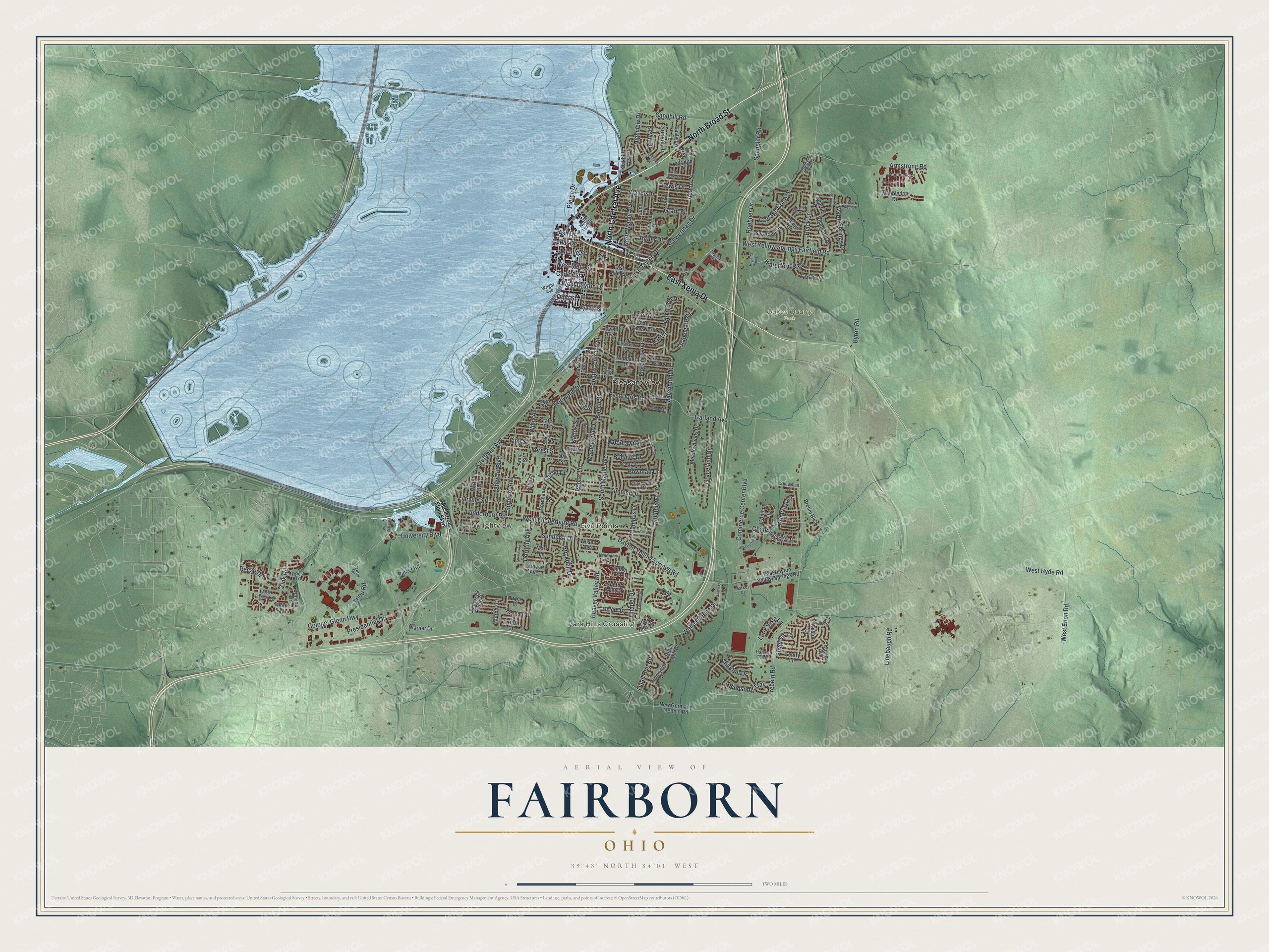 Full map of Fairborn, Ohio, with red buildings, printed street names and the land around them