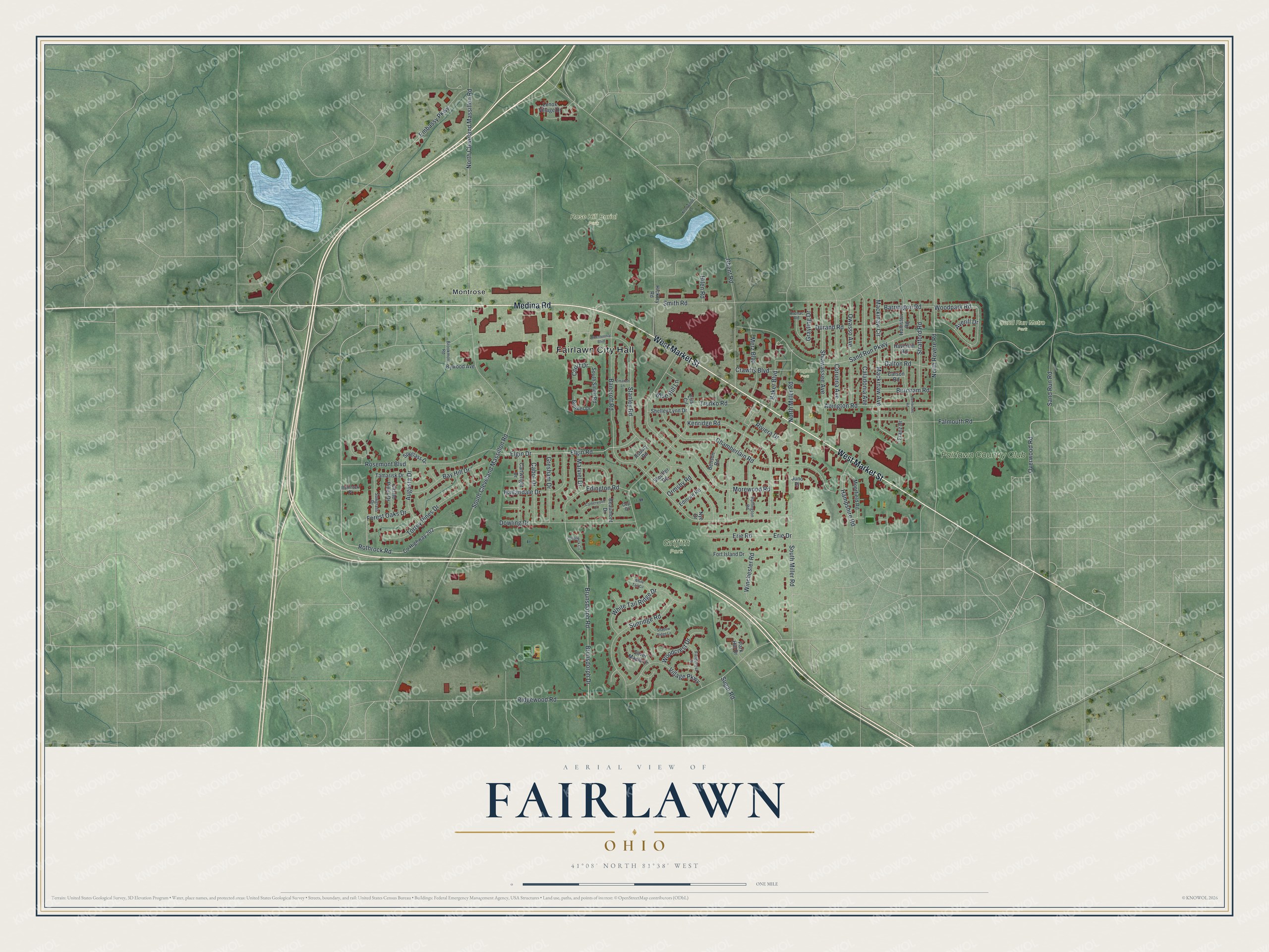 Full map of Fairlawn, Ohio, with red buildings, printed street names and the land around them