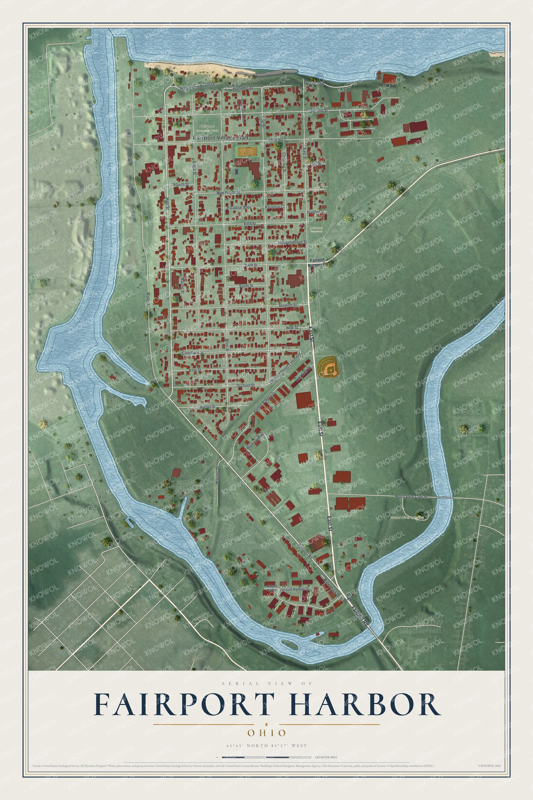 Fairport Harbor, Ohio aerial map with red buildings, green land, curving blue water, named streets, and a cream title panel