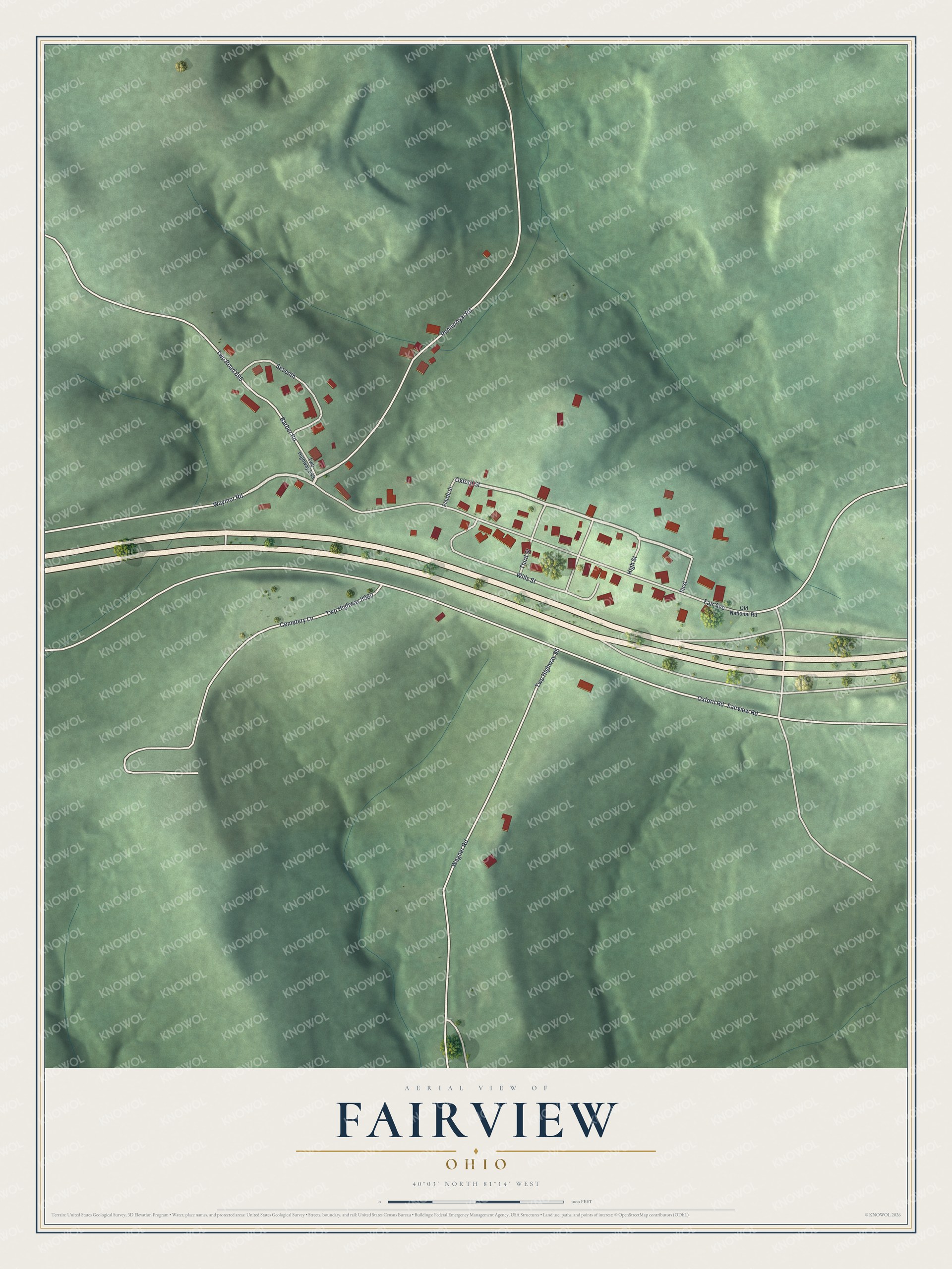 Full map of Fairview, Ohio, with red buildings, printed street names and the land around them