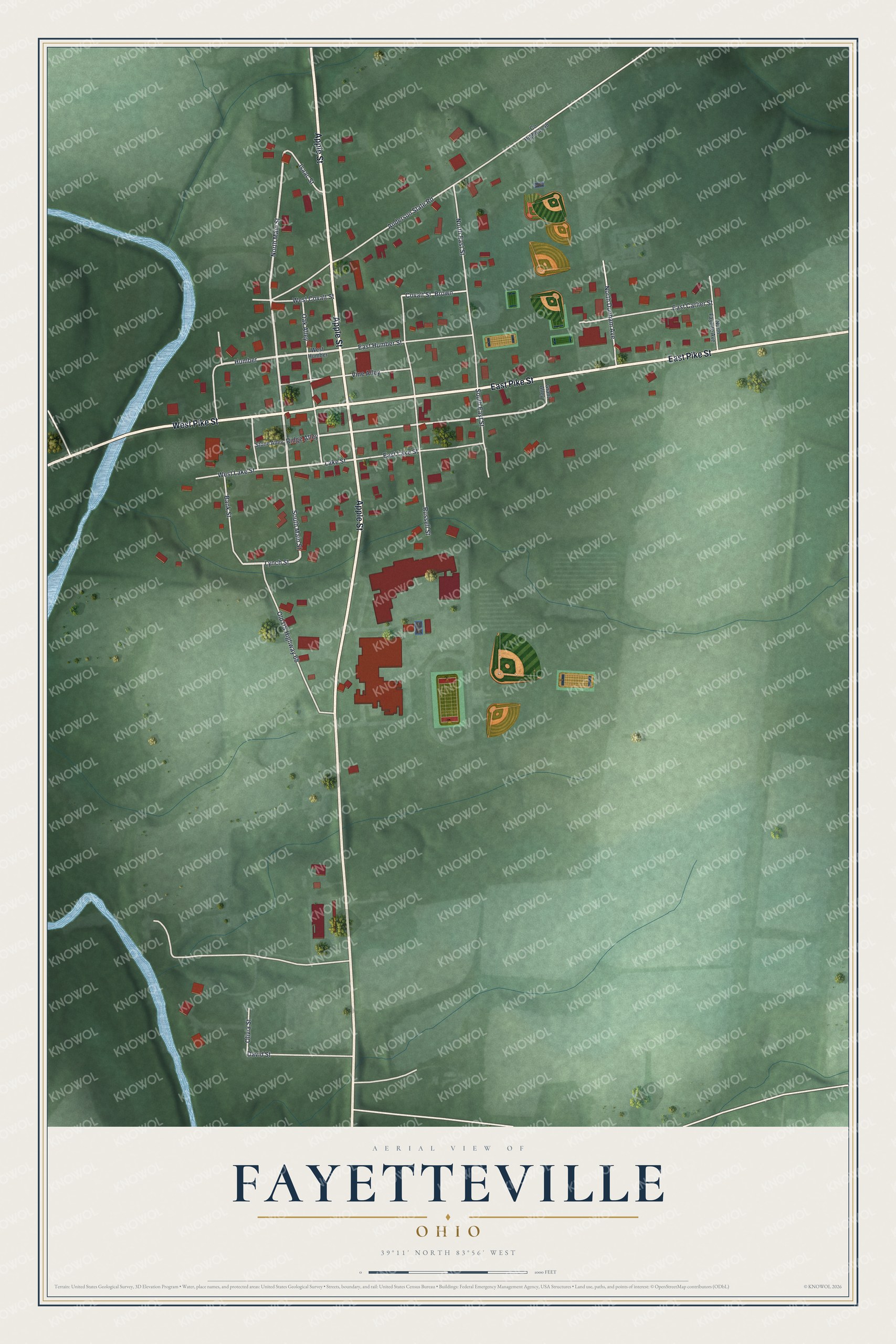 Full map of Fayetteville, Ohio, with red buildings, printed street names and the land around them