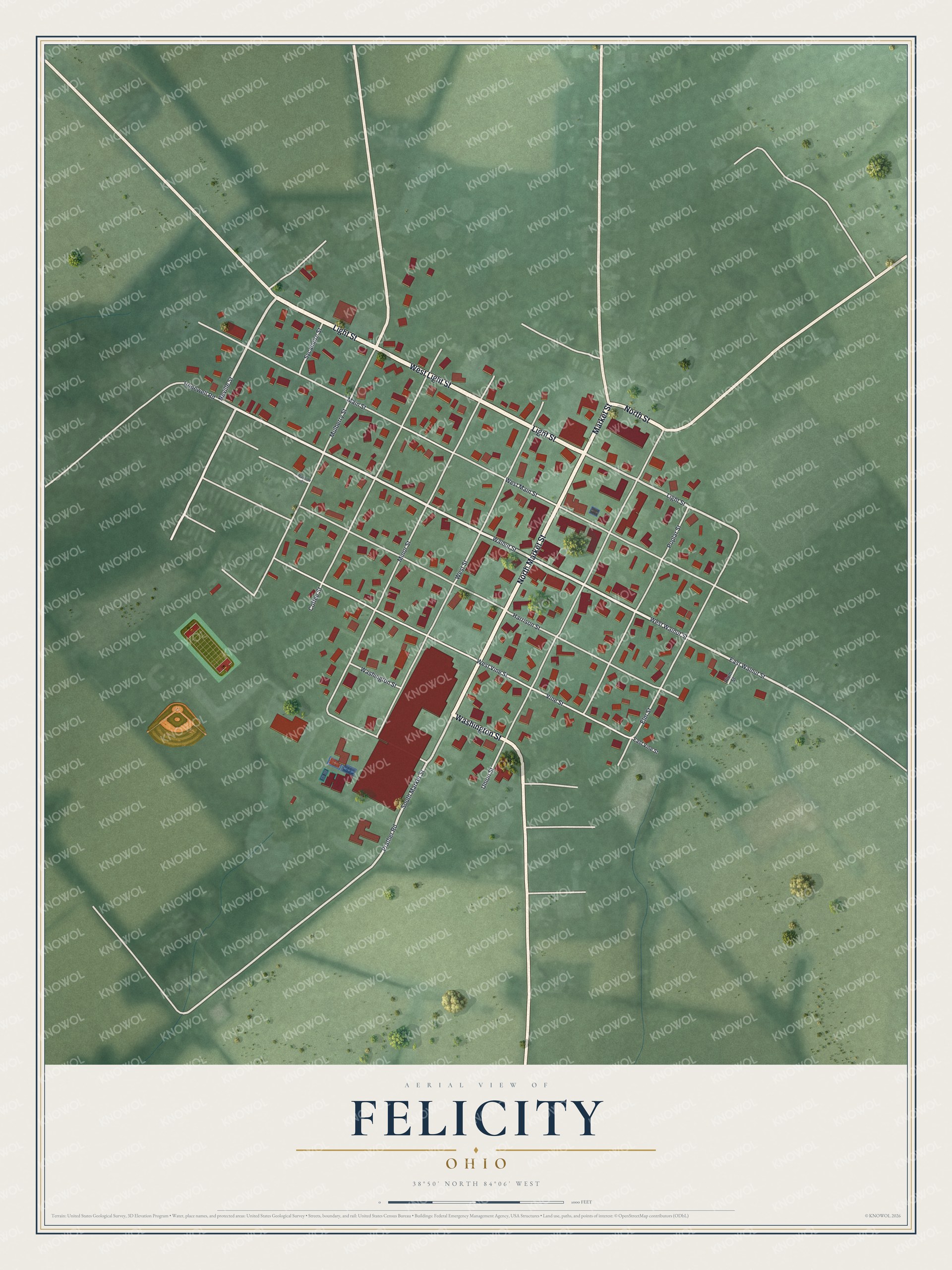 Full map of Felicity, Ohio, with red buildings, printed street names and the land around them