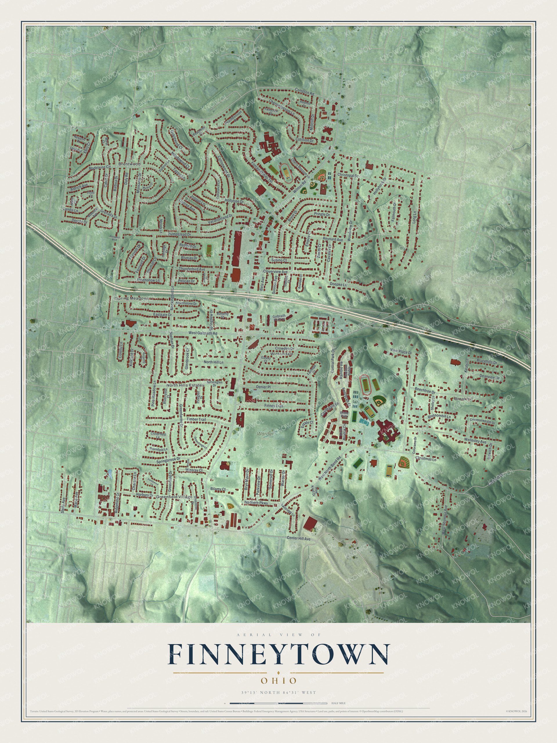 Full map of Finneytown, Ohio, with red buildings, printed street names and the land around them