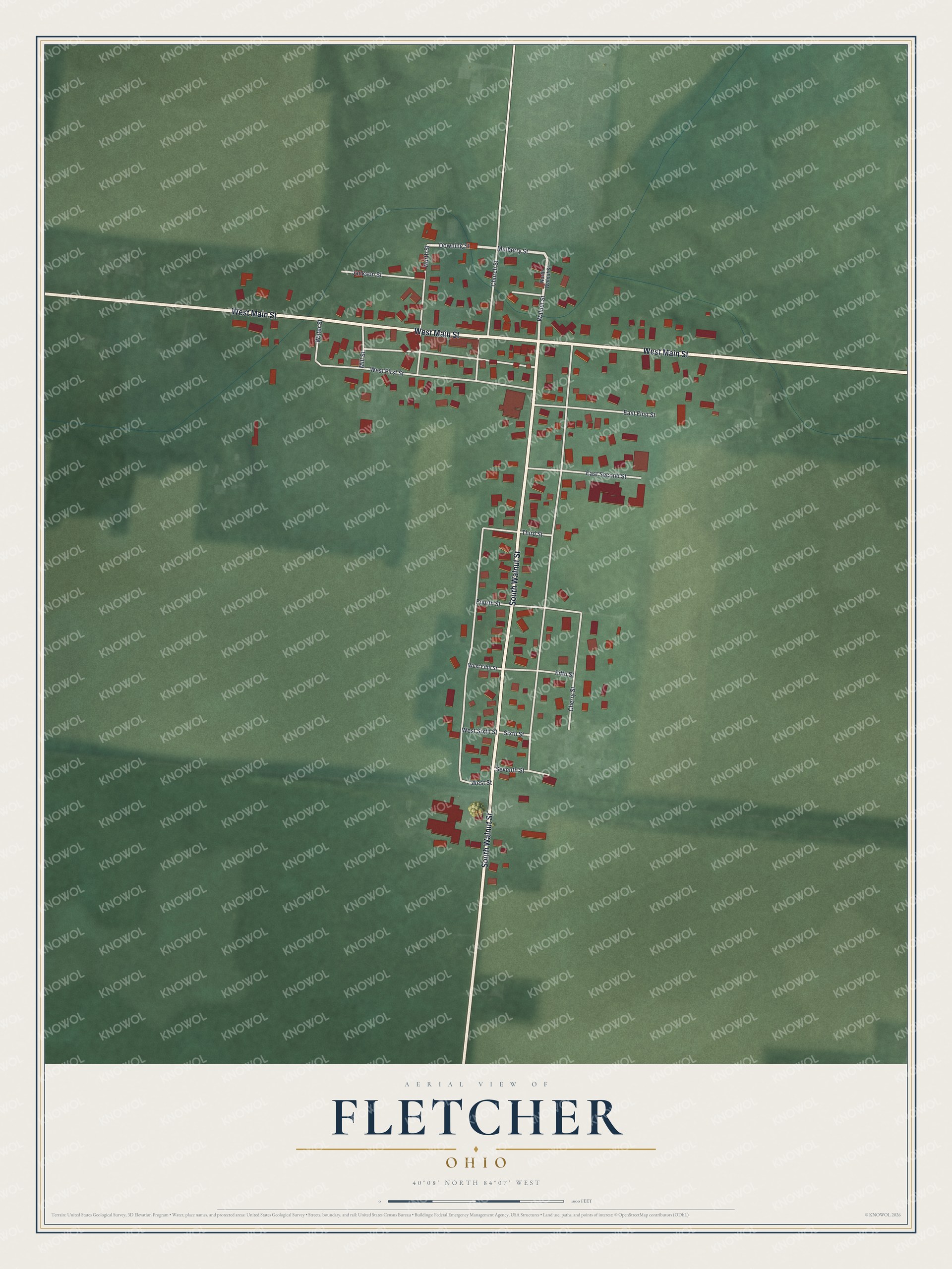 Full map of Fletcher, Ohio, with red buildings, printed street names and the land around them
