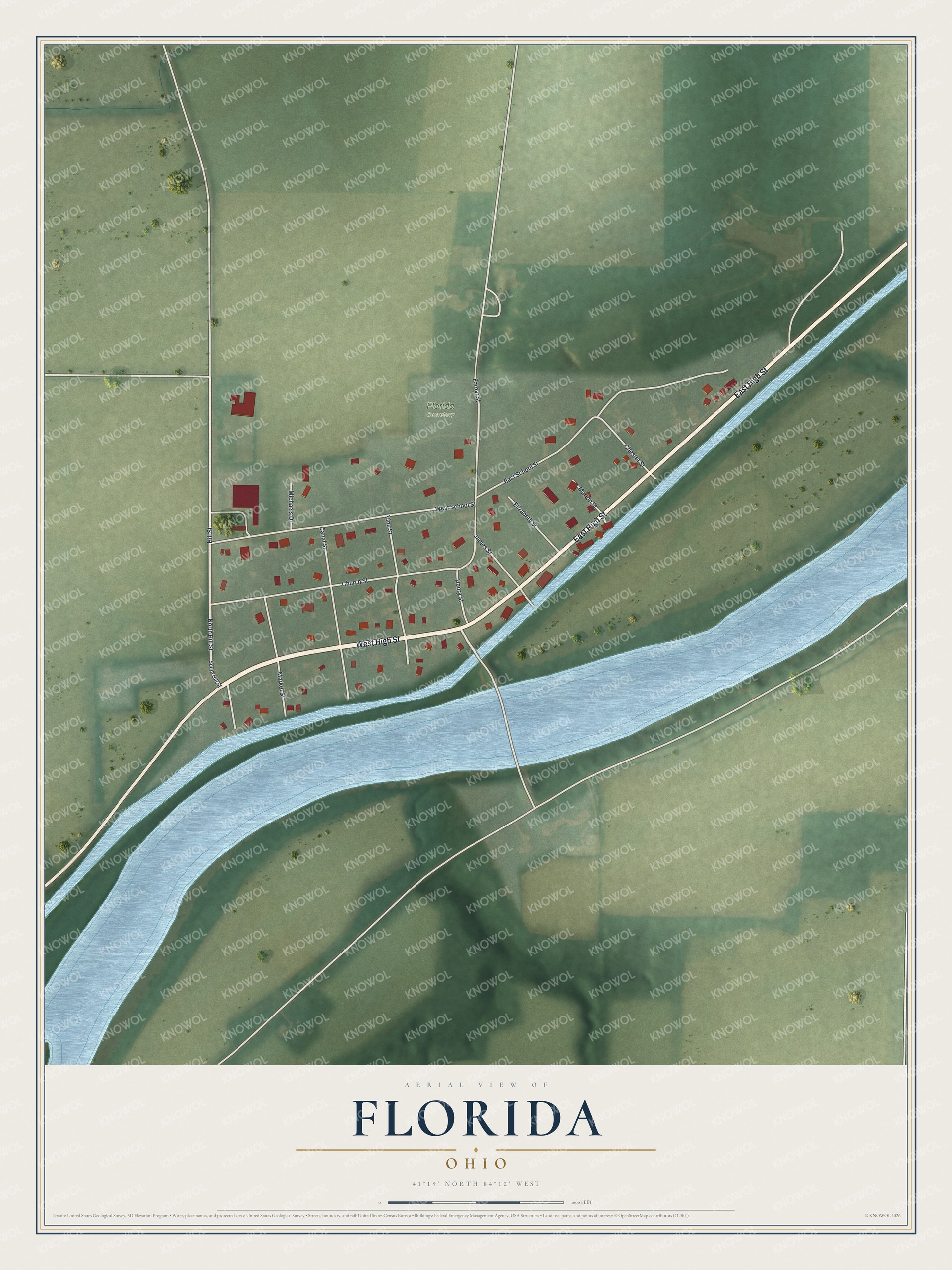 Full map of Florida, Ohio, with red buildings, printed street names and the land around them