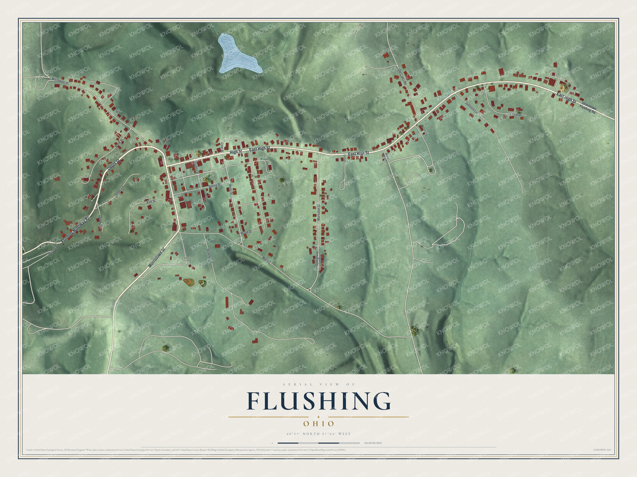 Full map of Flushing, Ohio, with red buildings, printed street names and the land around them