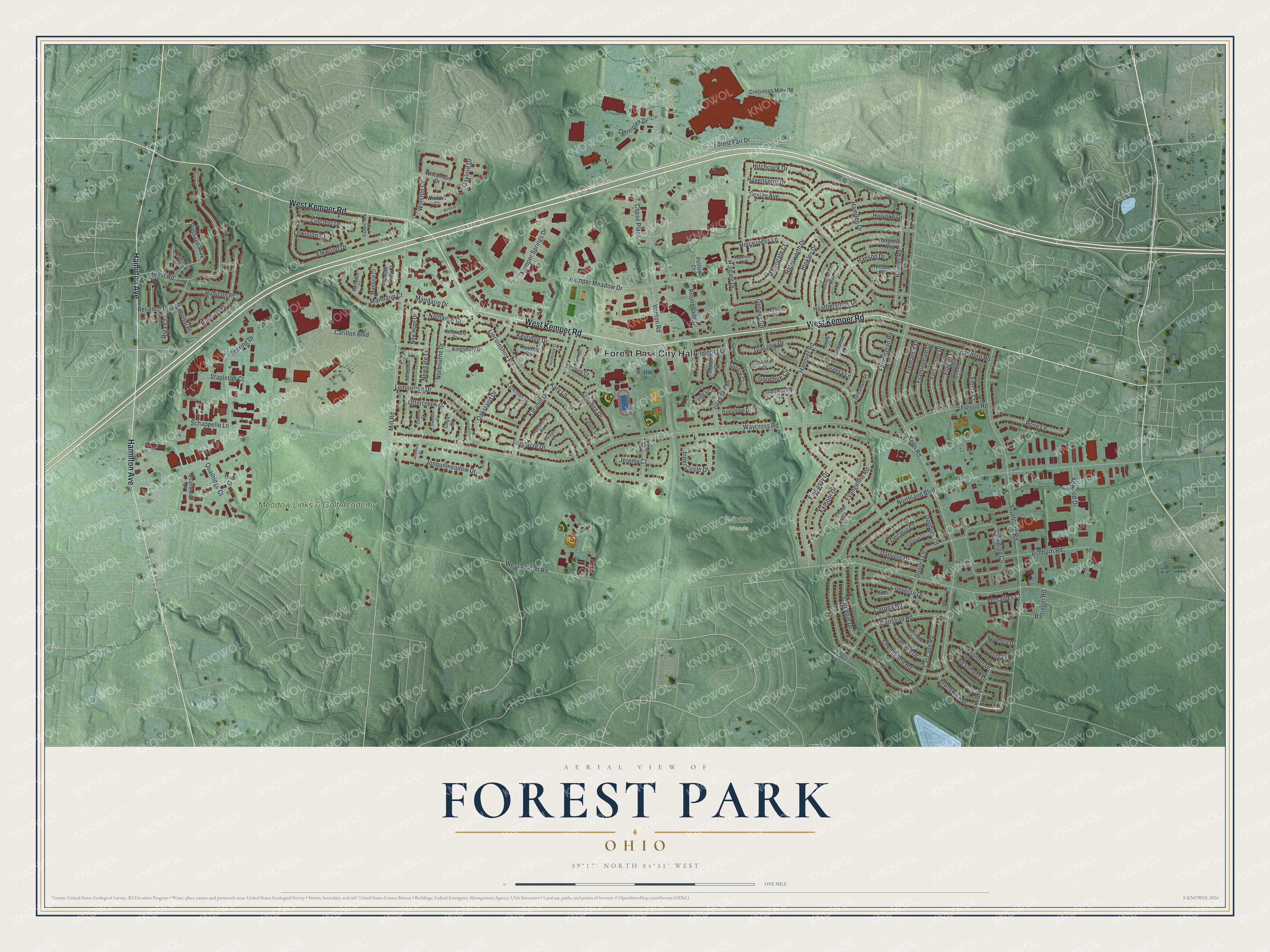 Full aerial map of Forest Park, Ohio, with red buildings, curved streets, green woods and a cream title panel