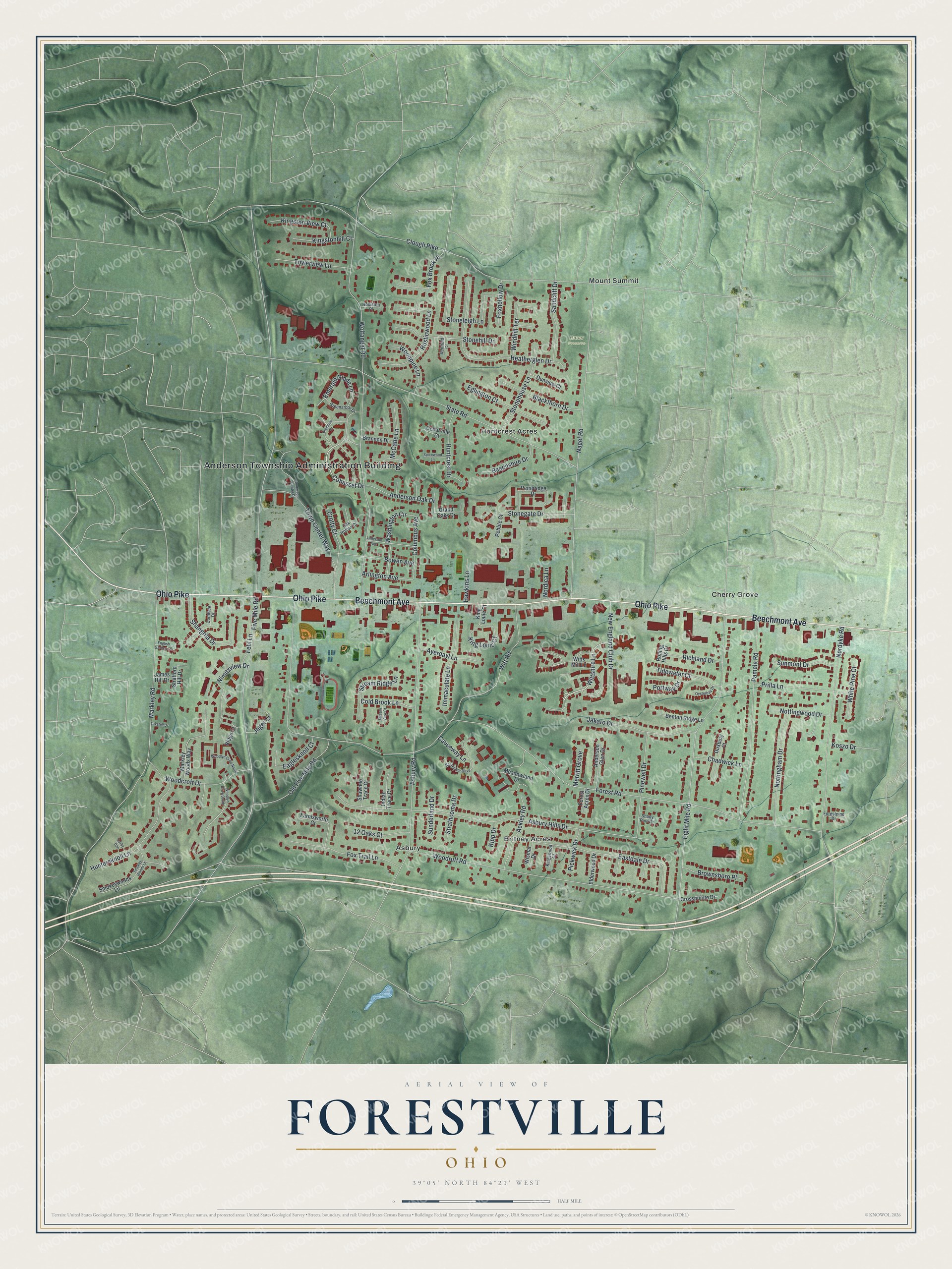Full map of Forestville, Ohio, with red buildings, printed street names and the land around them