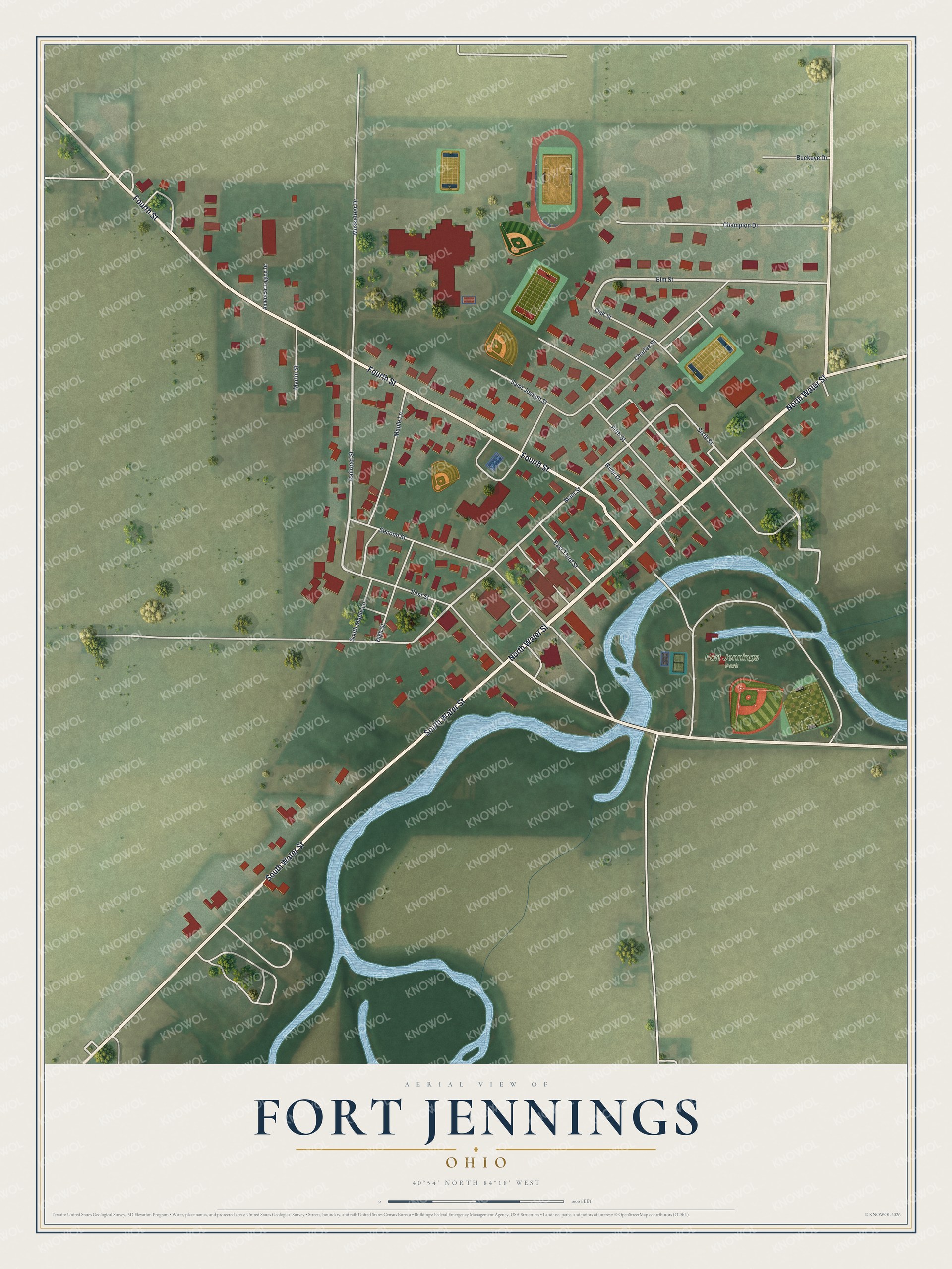 Full map of Fort Jennings, Ohio, with red buildings, printed street names and the land around them