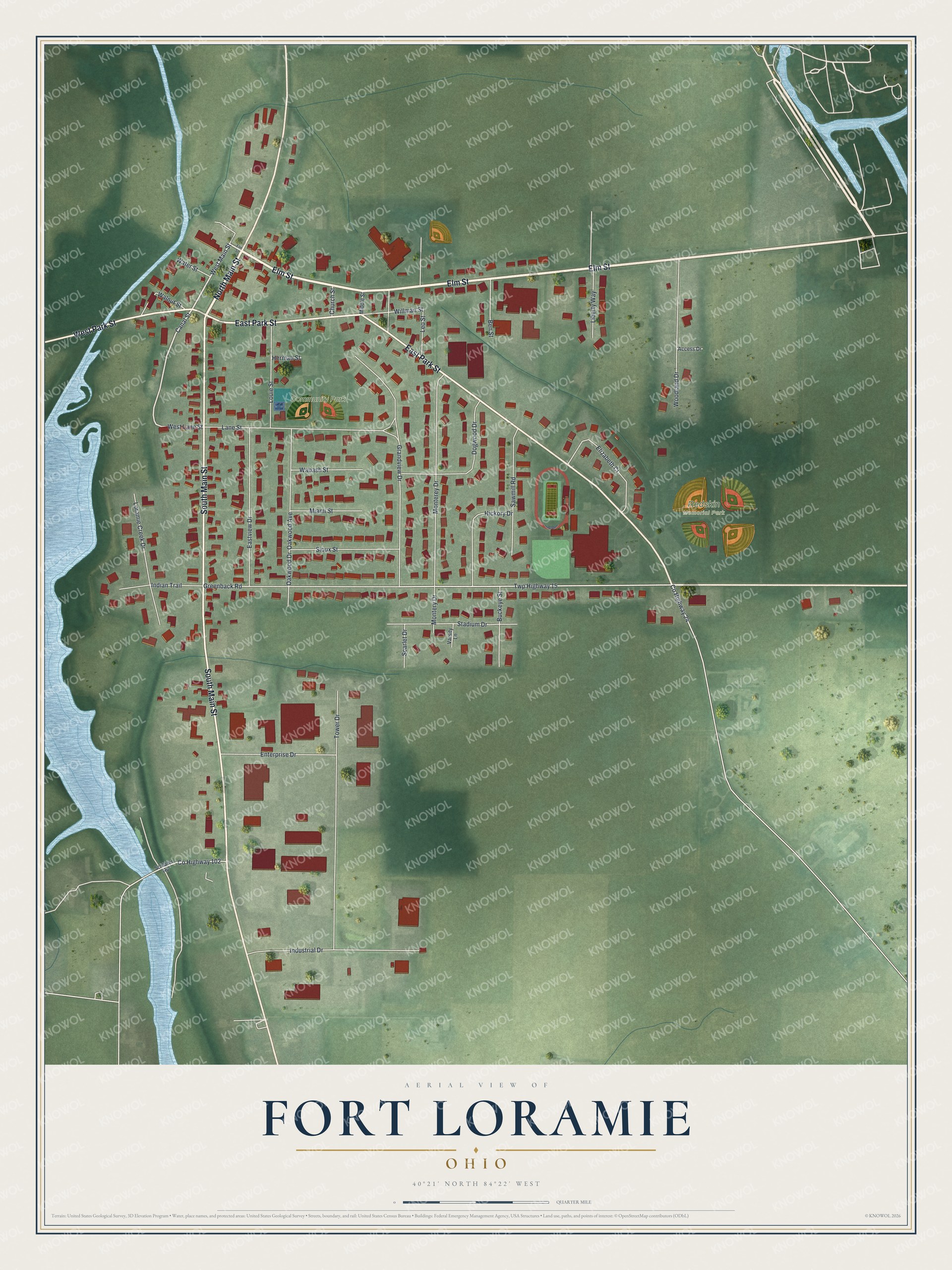 Full map of Fort Loramie, Ohio, with red buildings, printed street names and the land around them