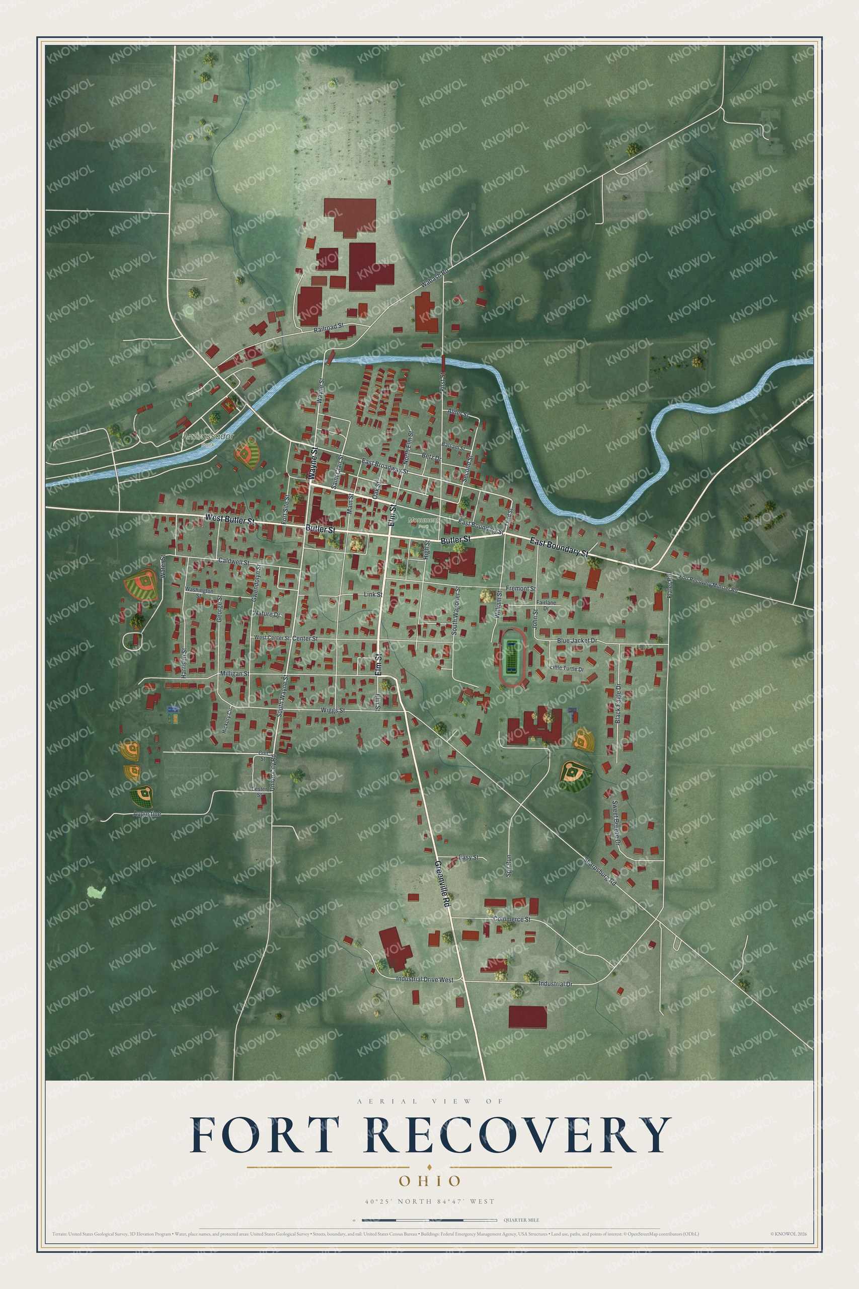 Aerial map of Fort Recovery, Ohio with a blue river across the top, red buildings, cream roads and green fields