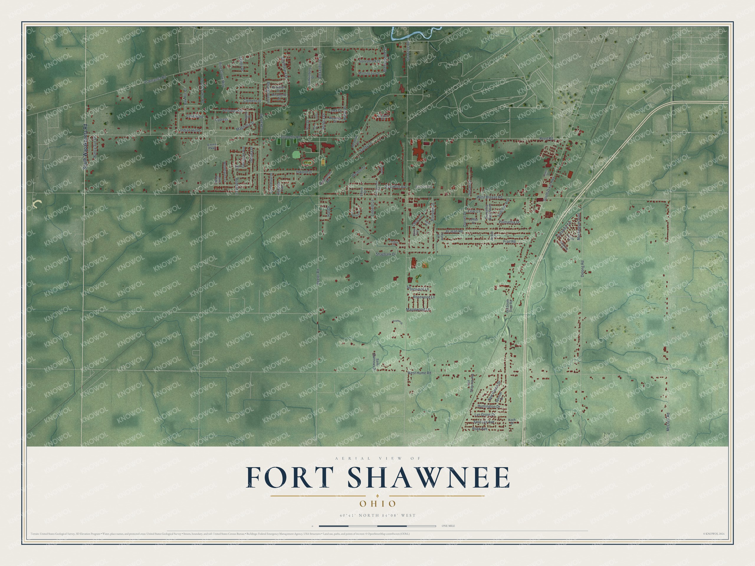 Full map of Fort Shawnee, Ohio, with red buildings, printed street names and the land around them