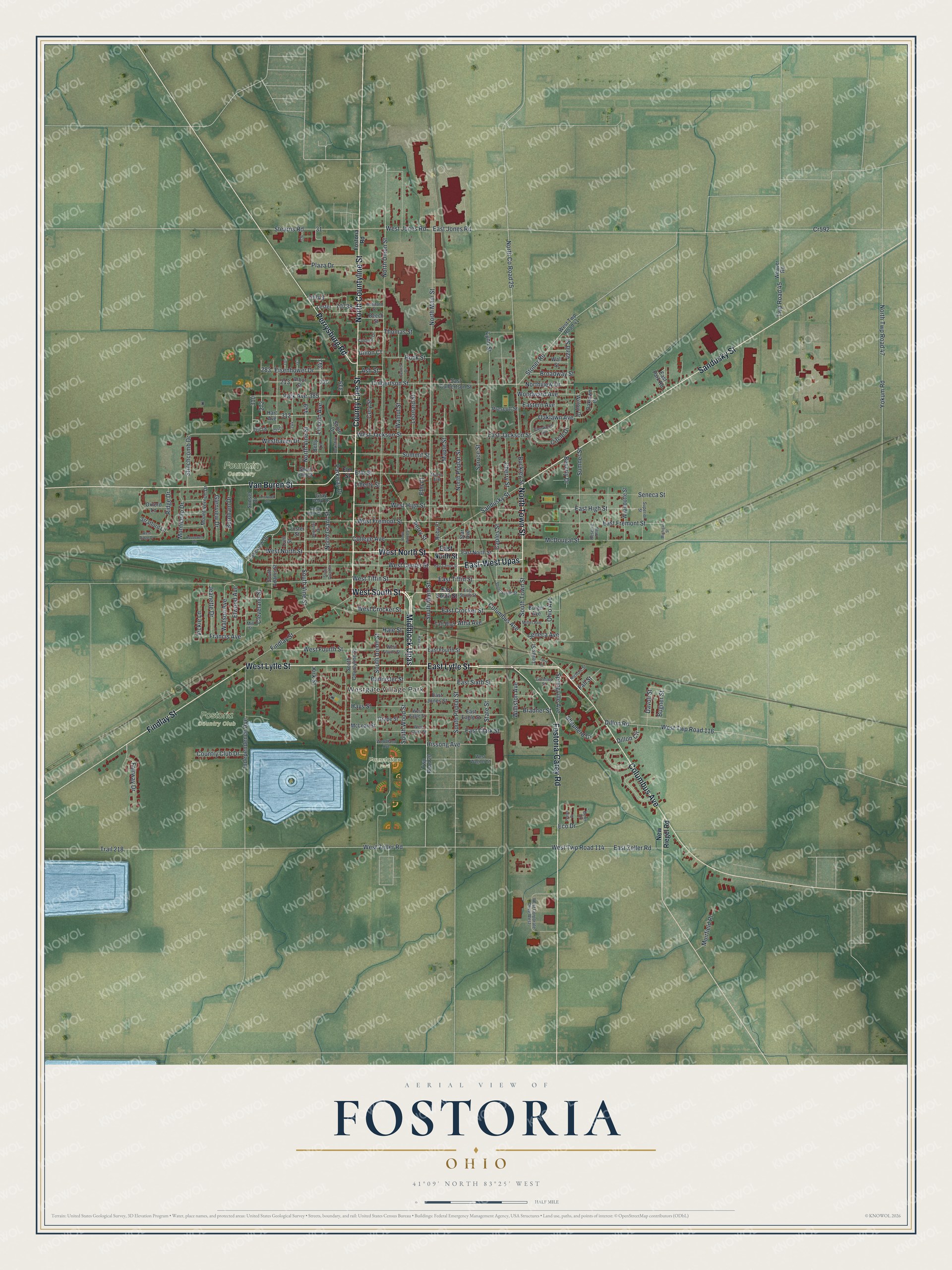 Aerial style map of Fostoria, Ohio with red buildings, crossing rail lines and blue lakes set among green farm fields