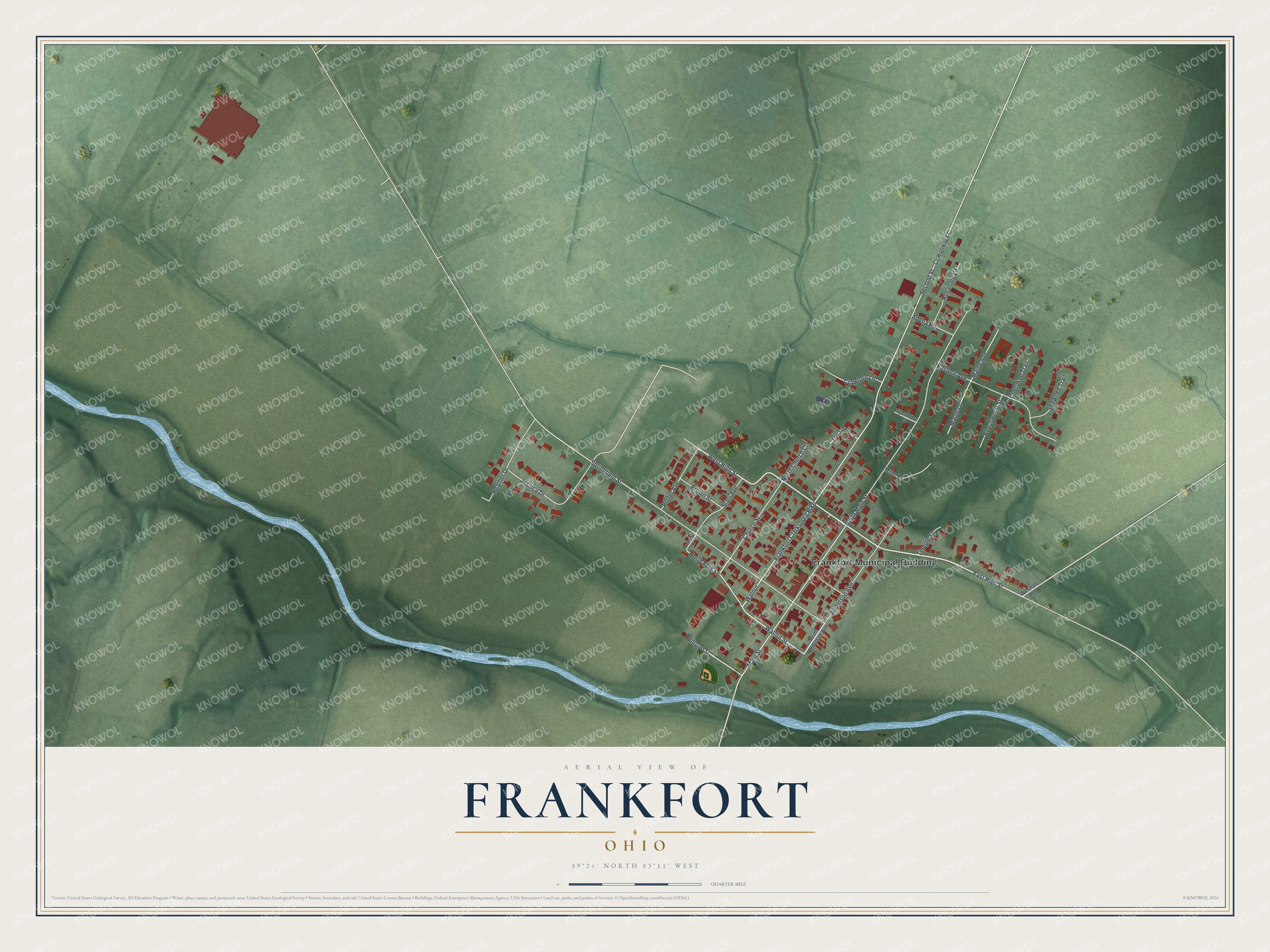 Full map of Frankfort, Ohio, with red buildings, printed street names and the land around them