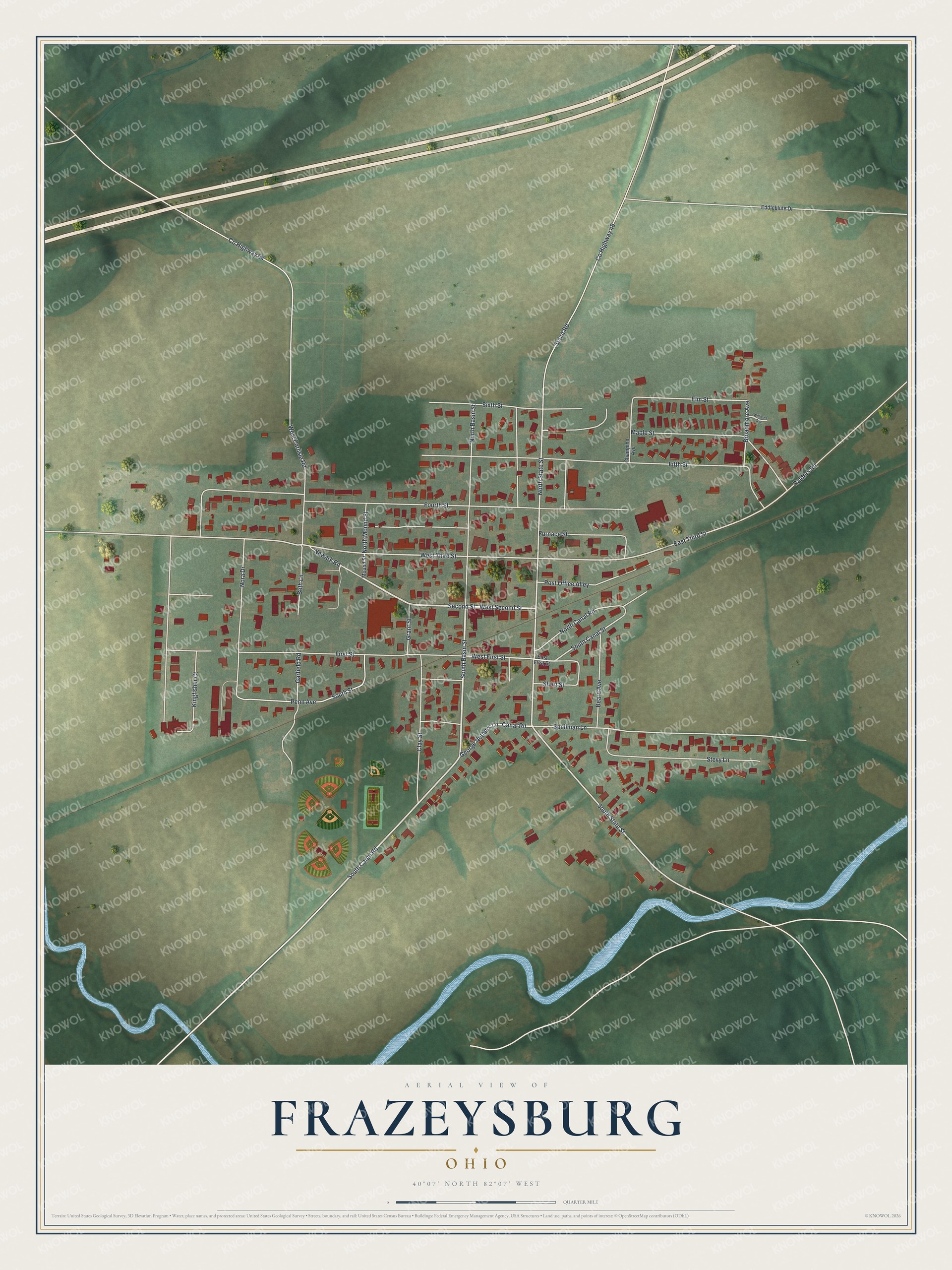 Full map of Frazeysburg, Ohio, with red buildings, printed street names and the land around them