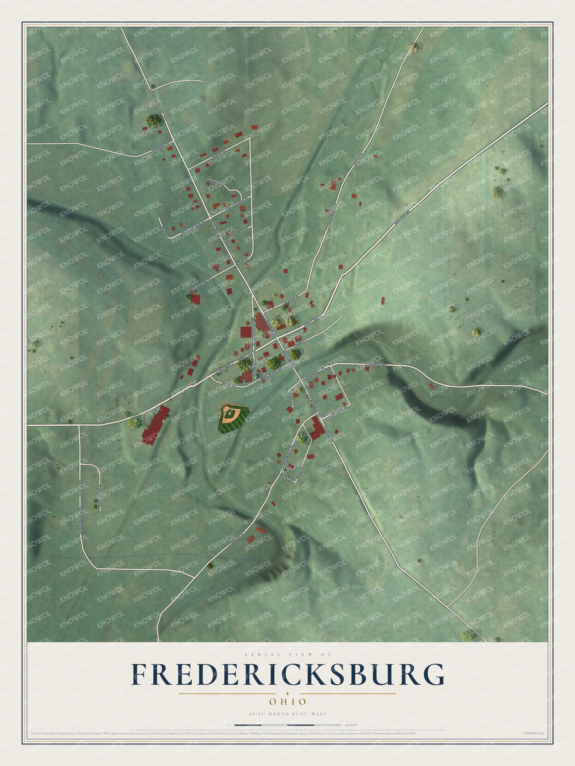 Full map of Fredericksburg, Ohio, with red buildings, printed street names and the land around them