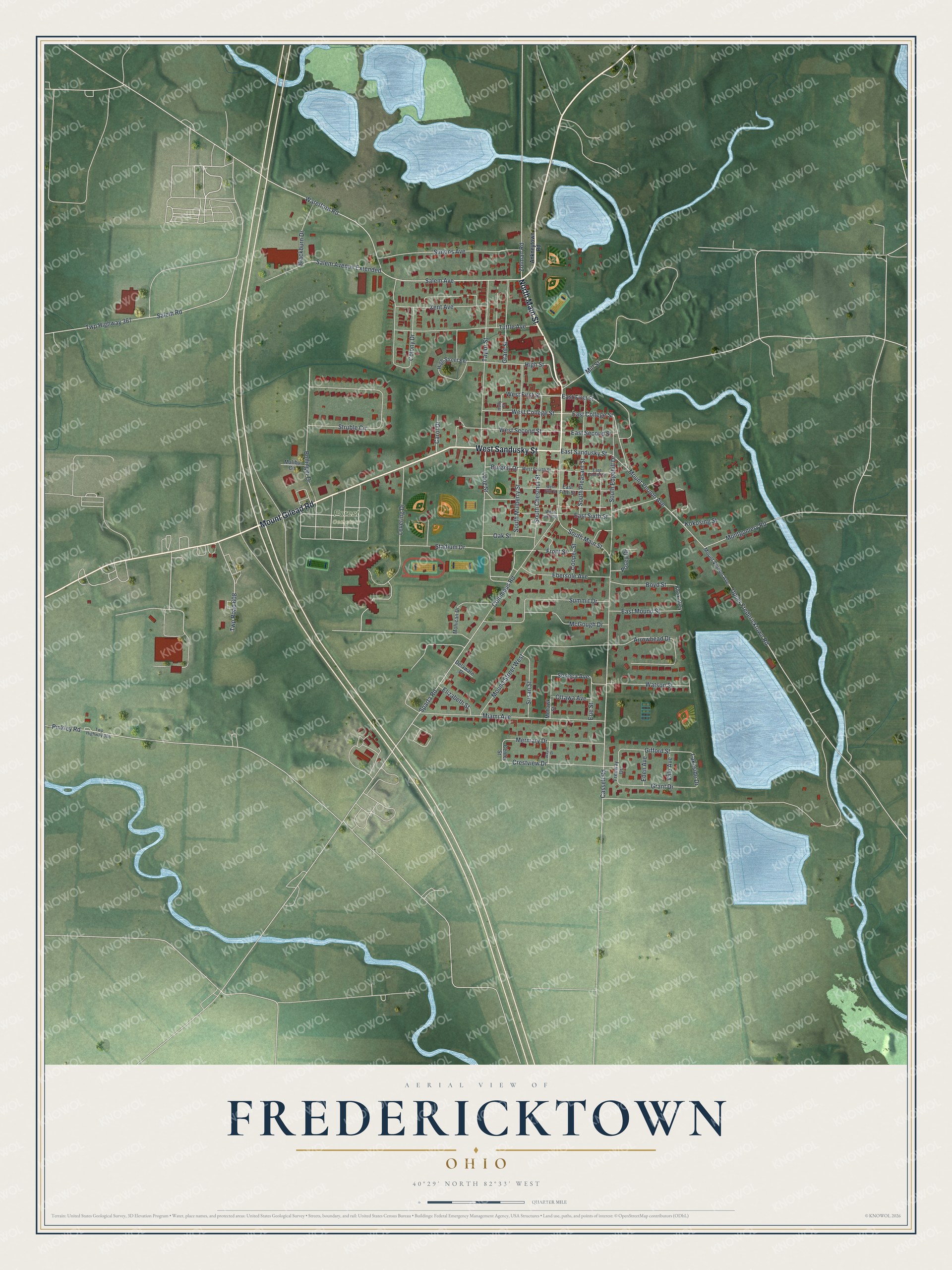 Aerial map of Fredericktown, Ohio with red buildings, green fields, blue ponds and a winding river along the east side