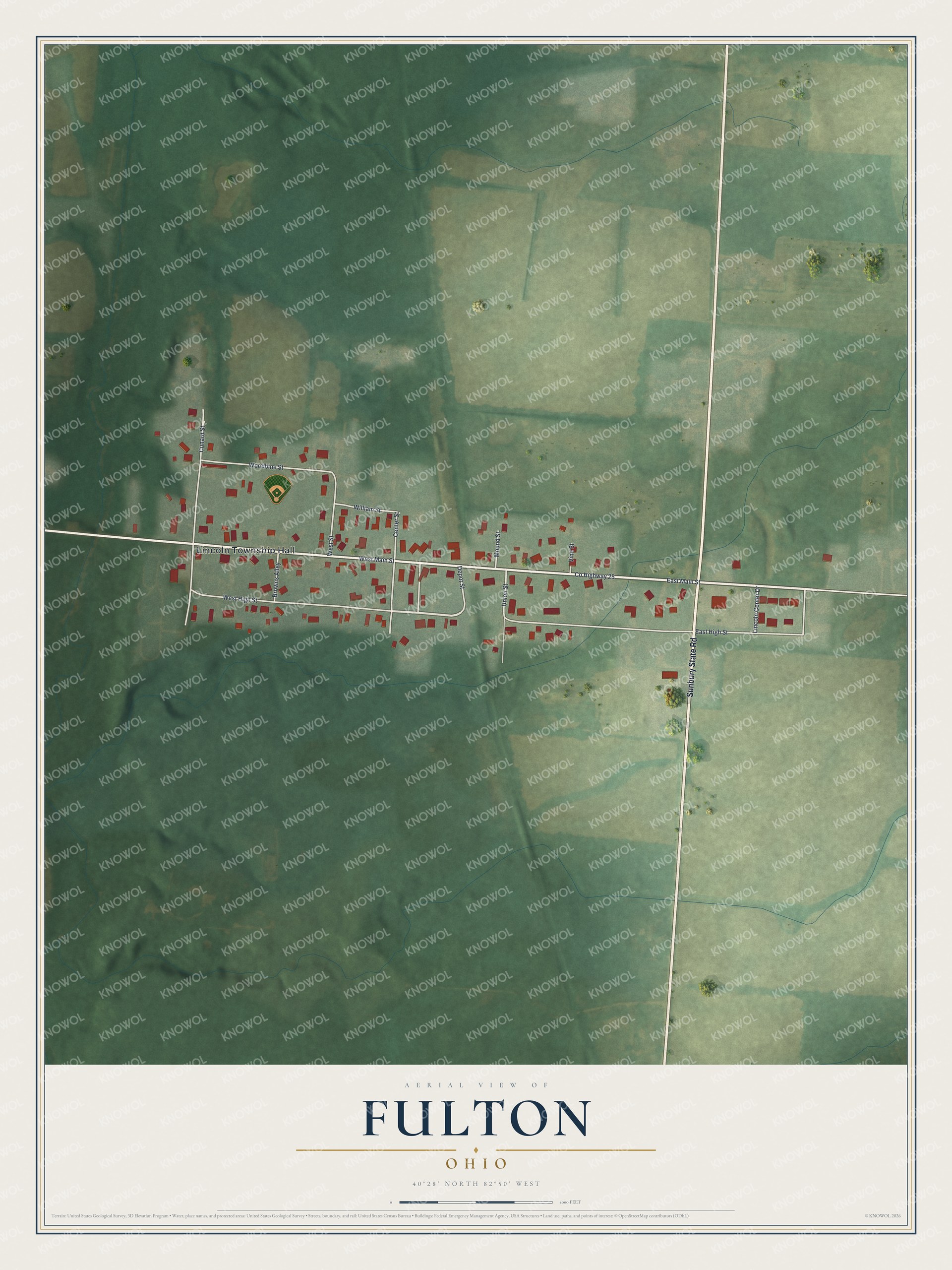 Full map of Fulton, Ohio, with red buildings, printed street names and the land around them