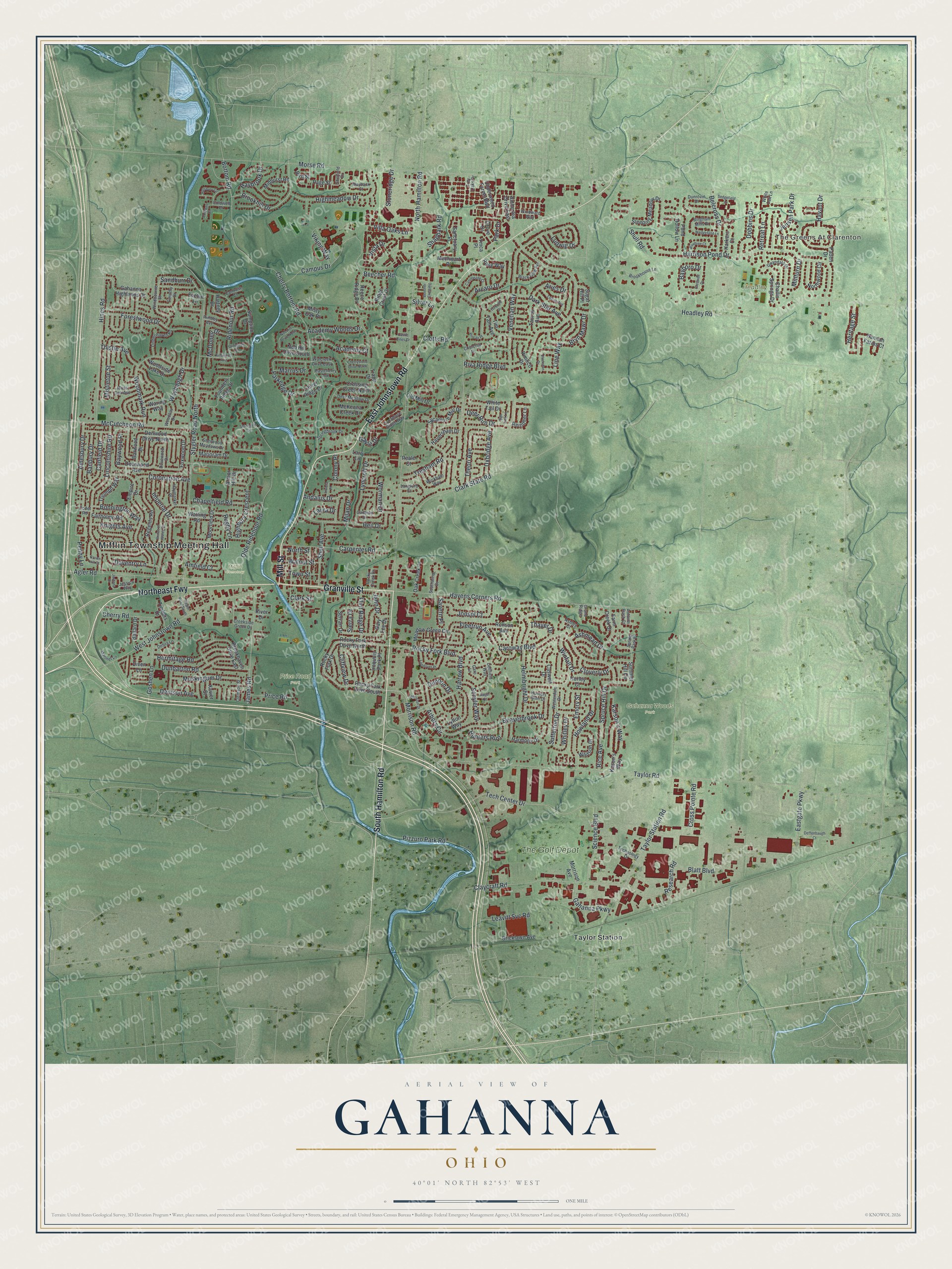Aerial view map of Gahanna, Ohio, with red buildings on green land, a winding blue creek and a cream title panel
